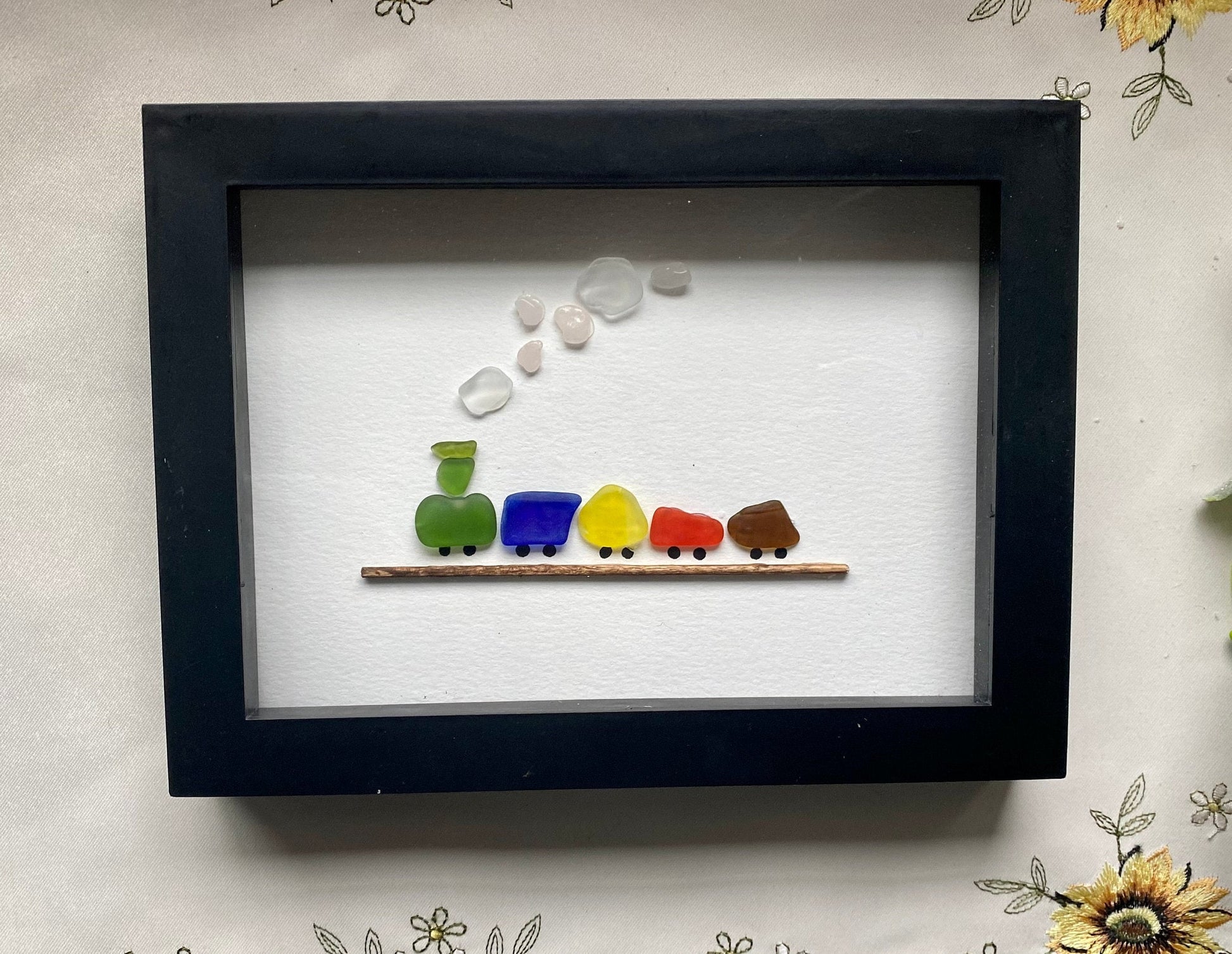 Sea Glass Pebble Art, Pebble Art Train, Baby Shower Gift for Little Boy, Playroom Decor, Seaglass Picture, Sea Glass Choo Choo Train