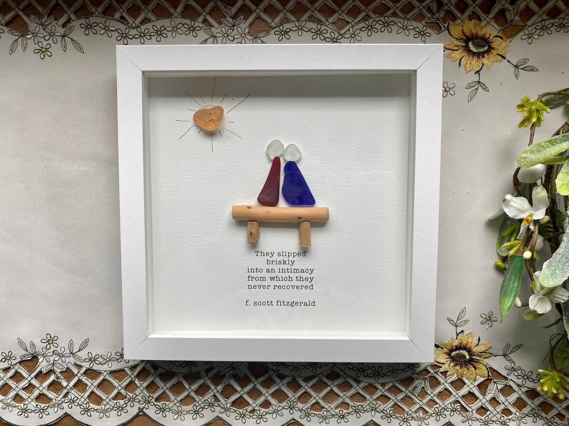 Sea Glass Pebble Art, Pebble Art Love, Gift for Her, Anniversary Gift, Seaglass Picture, F Scott Fitzgerald Quote