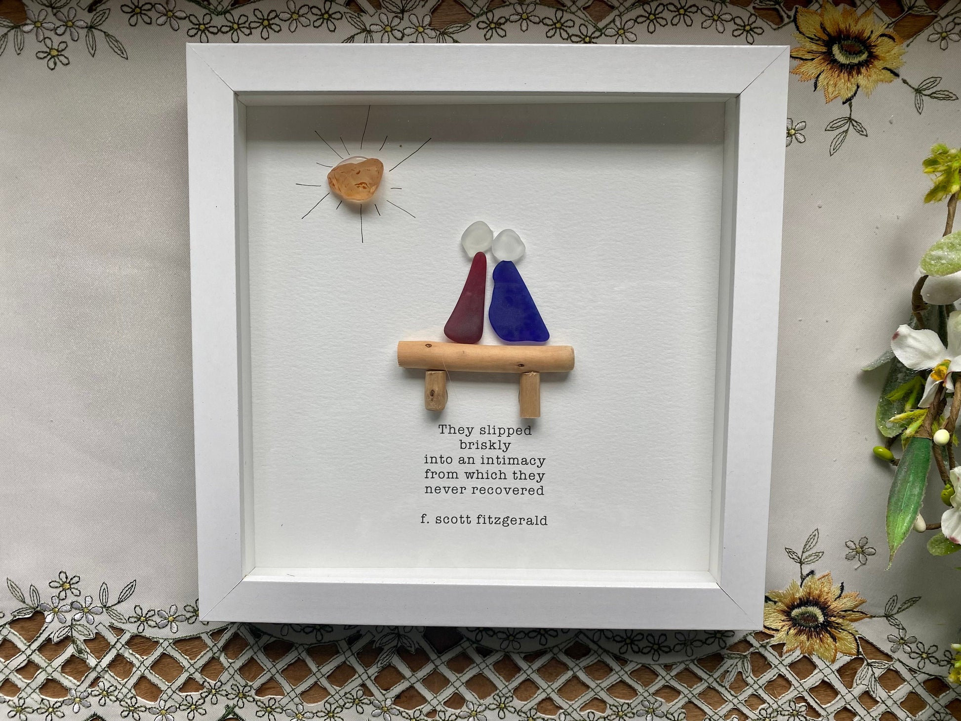 Sea Glass Pebble Art, Pebble Art Love, Gift for Her, Anniversary Gift, Seaglass Picture, F Scott Fitzgerald Quote