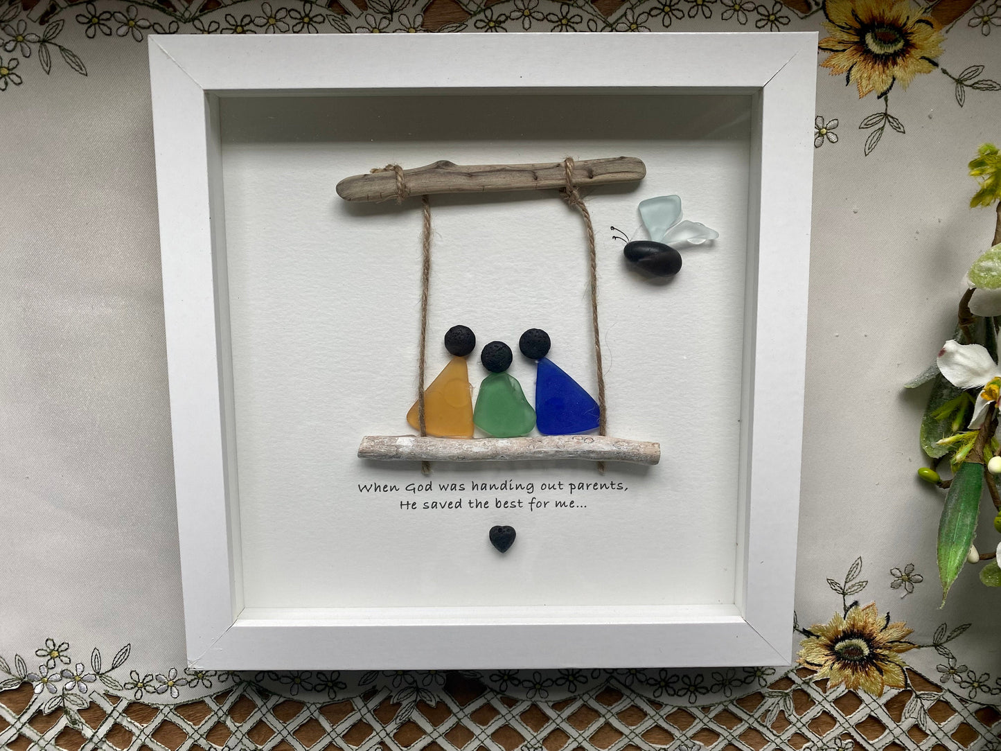 Sea Glass Pebble Art, Pebble Art Family, Gift for Parents, Family on Swing, Seaglass Picture, Parents and Child