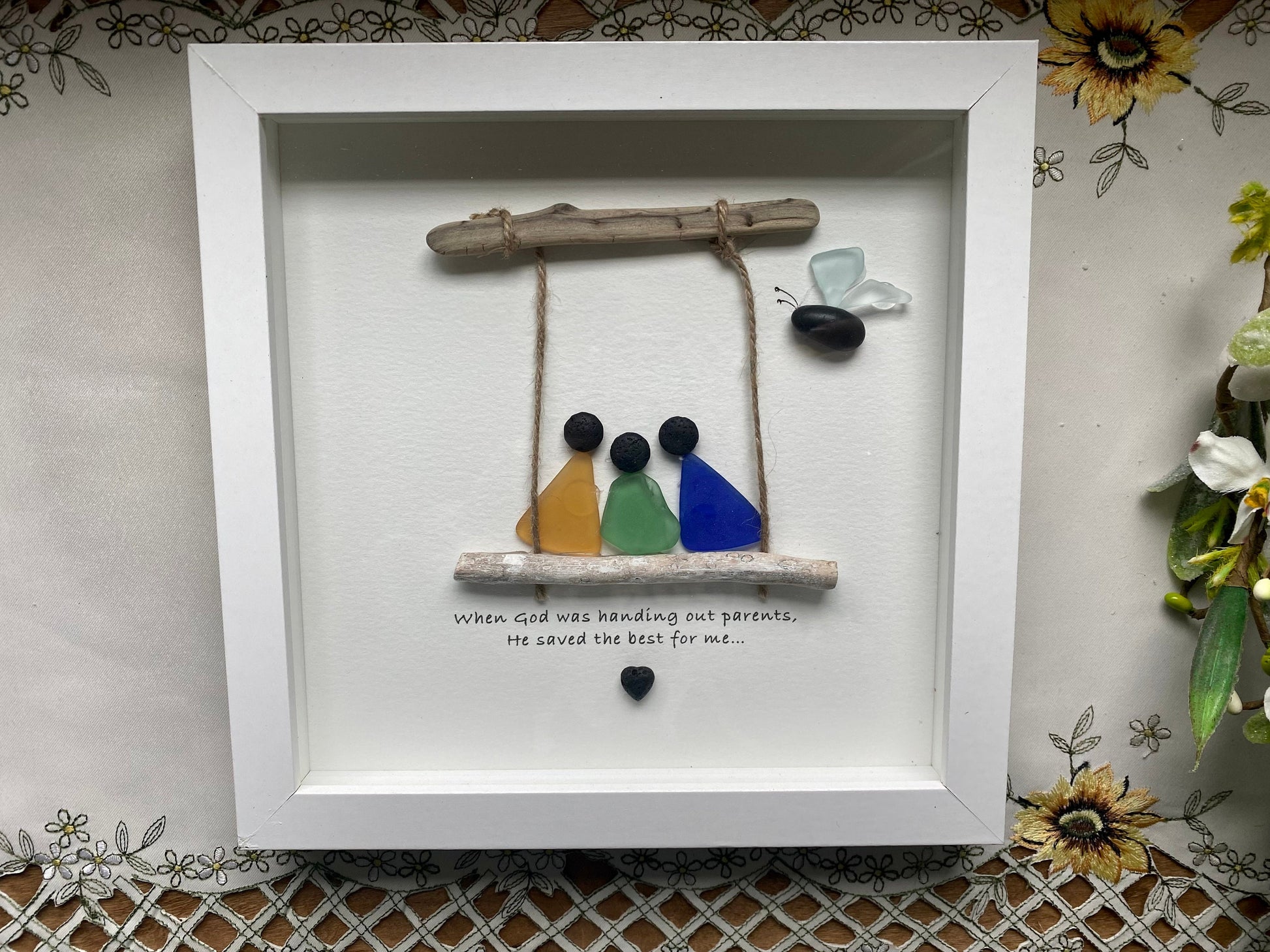 Sea Glass Pebble Art, Pebble Art Family, Gift for Parents, Family on Swing, Seaglass Picture, Parents and Child