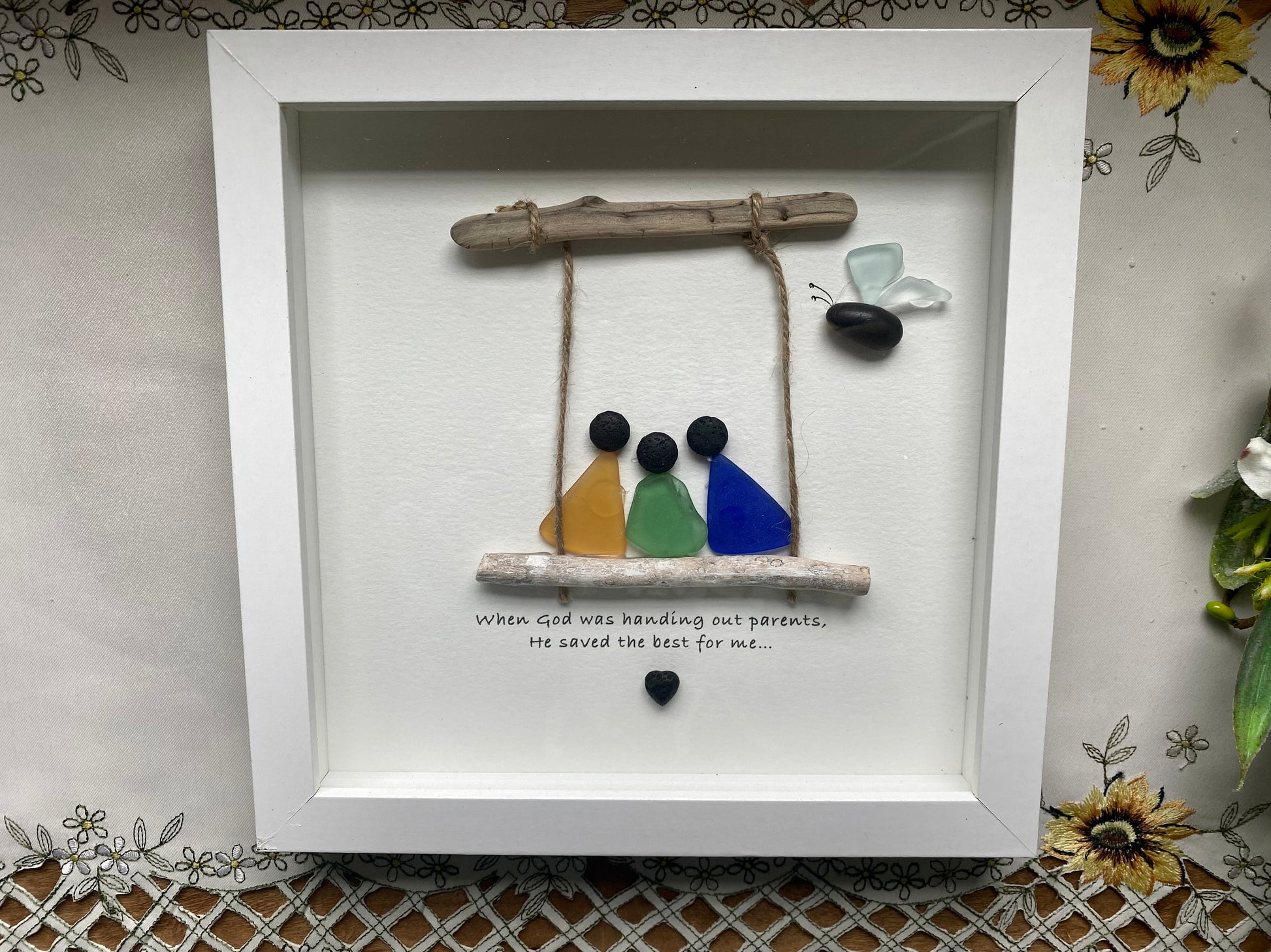 Sea Glass Pebble Art, Pebble Art Family, Gift for Parents, Family on Swing, Seaglass Picture, Parents and Child