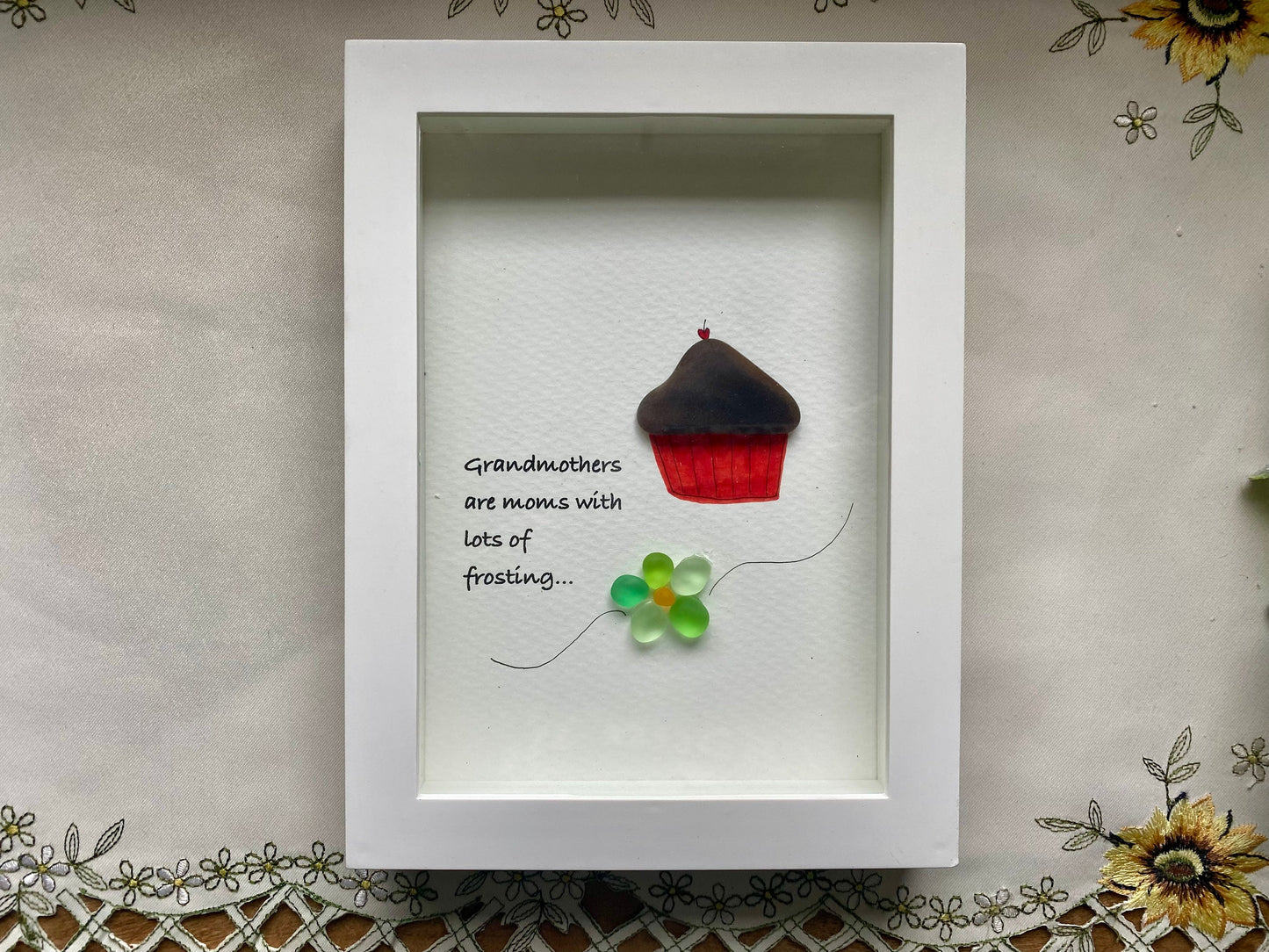 Sea Glass Pebble Art, Pebble Art Flower, Gift for Grandmother, Grandparent Gift, Seaglass Picture, Grandmother Gift