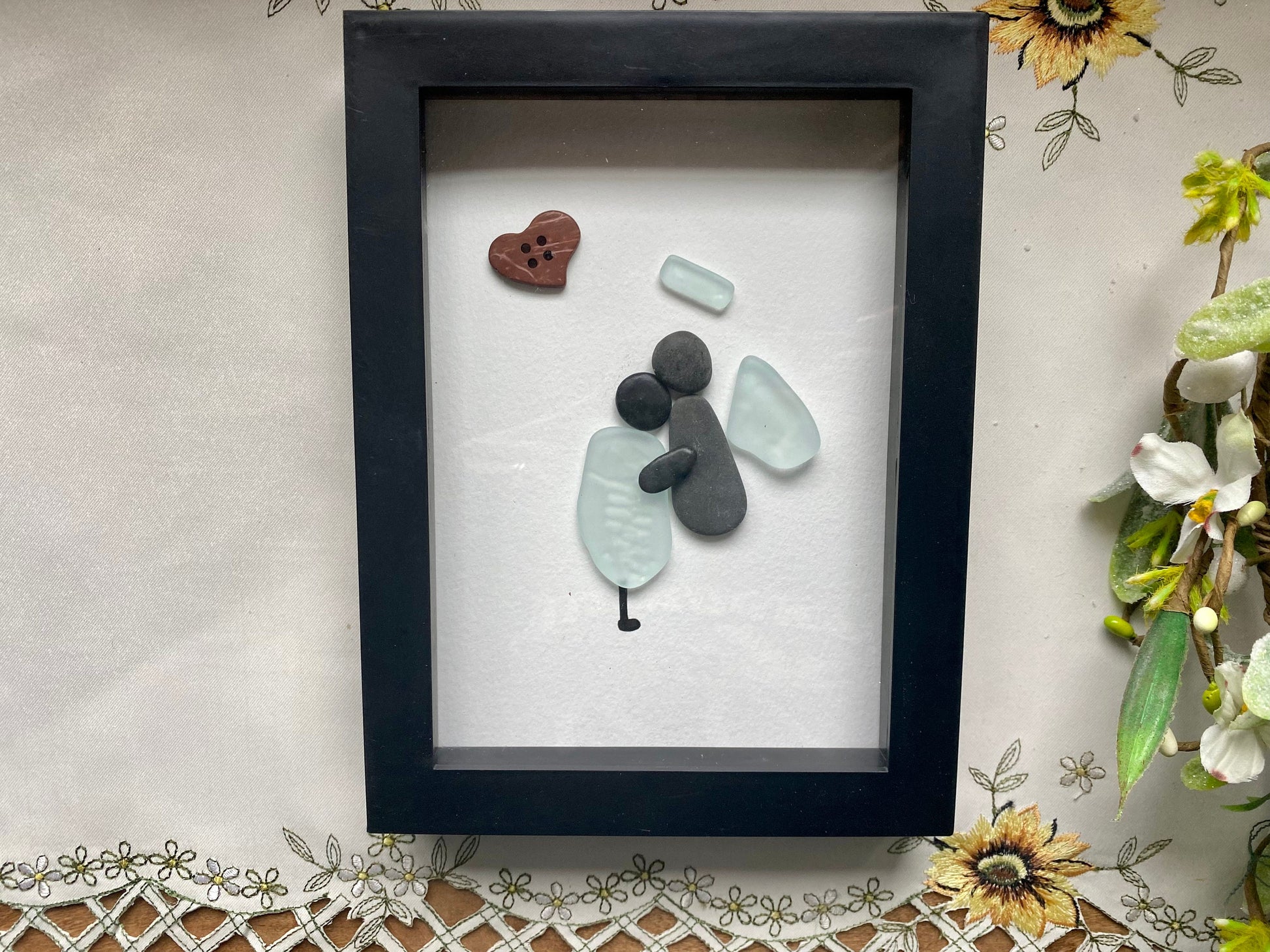 Sea Glass Pebble Art, Pebble Art Nature, Gift after Loss , Sympathy Gift, Seaglass Picture, In Memory Of