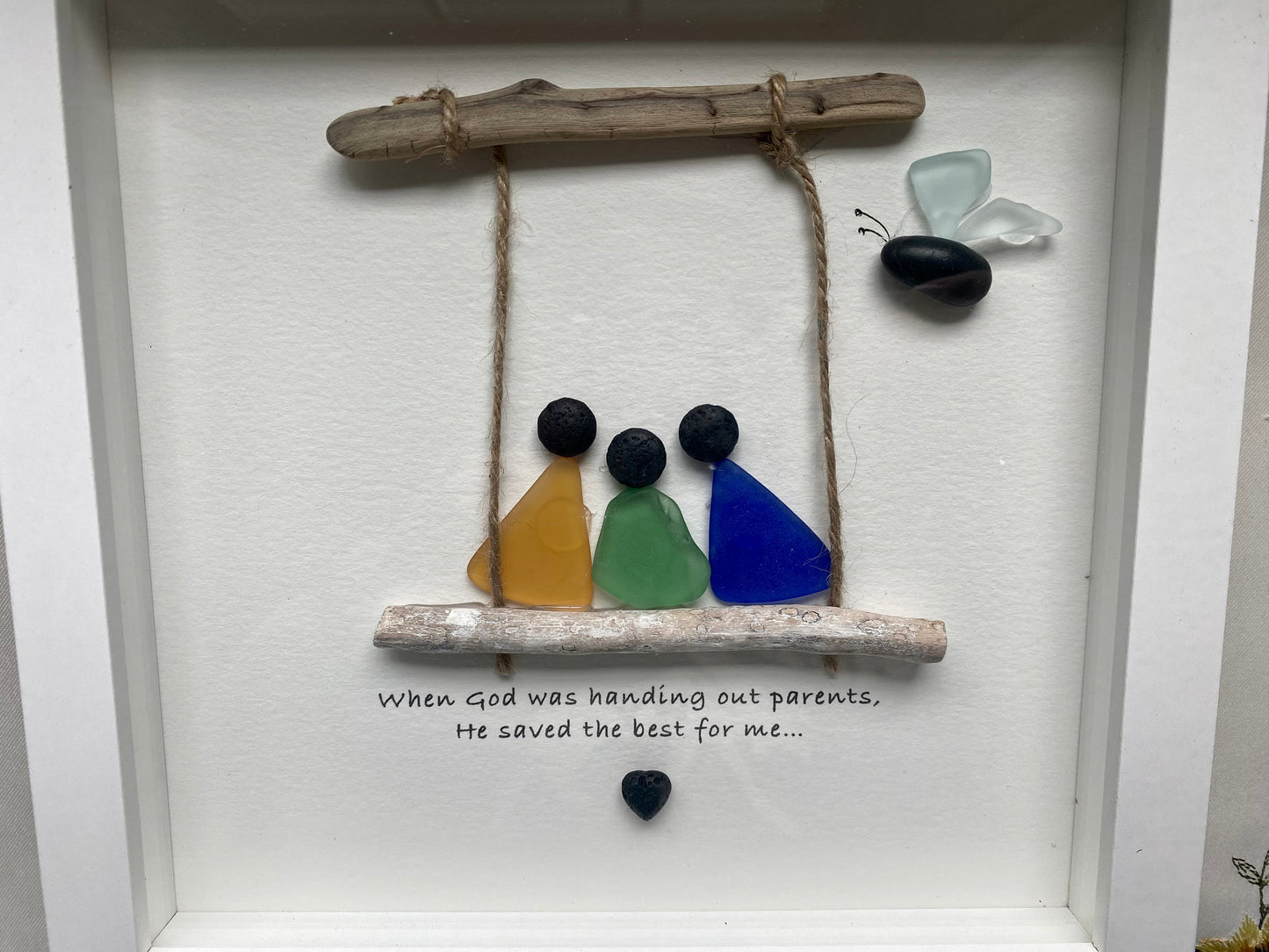 Sea Glass Pebble Art, Pebble Art Family, Gift for Parents, Family on Swing, Seaglass Picture, Parents and Child