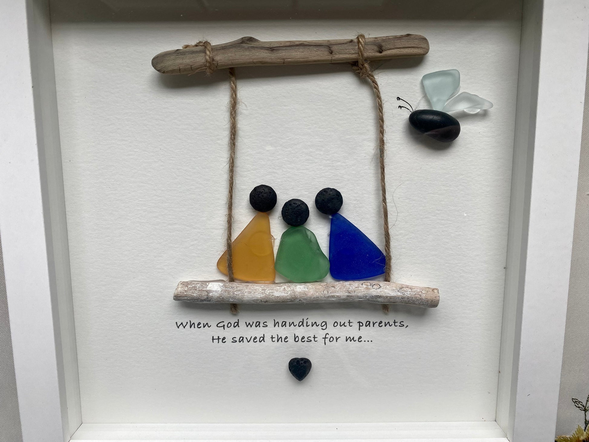 Sea Glass Pebble Art, Pebble Art Family, Gift for Parents, Family on Swing, Seaglass Picture, Parents and Child