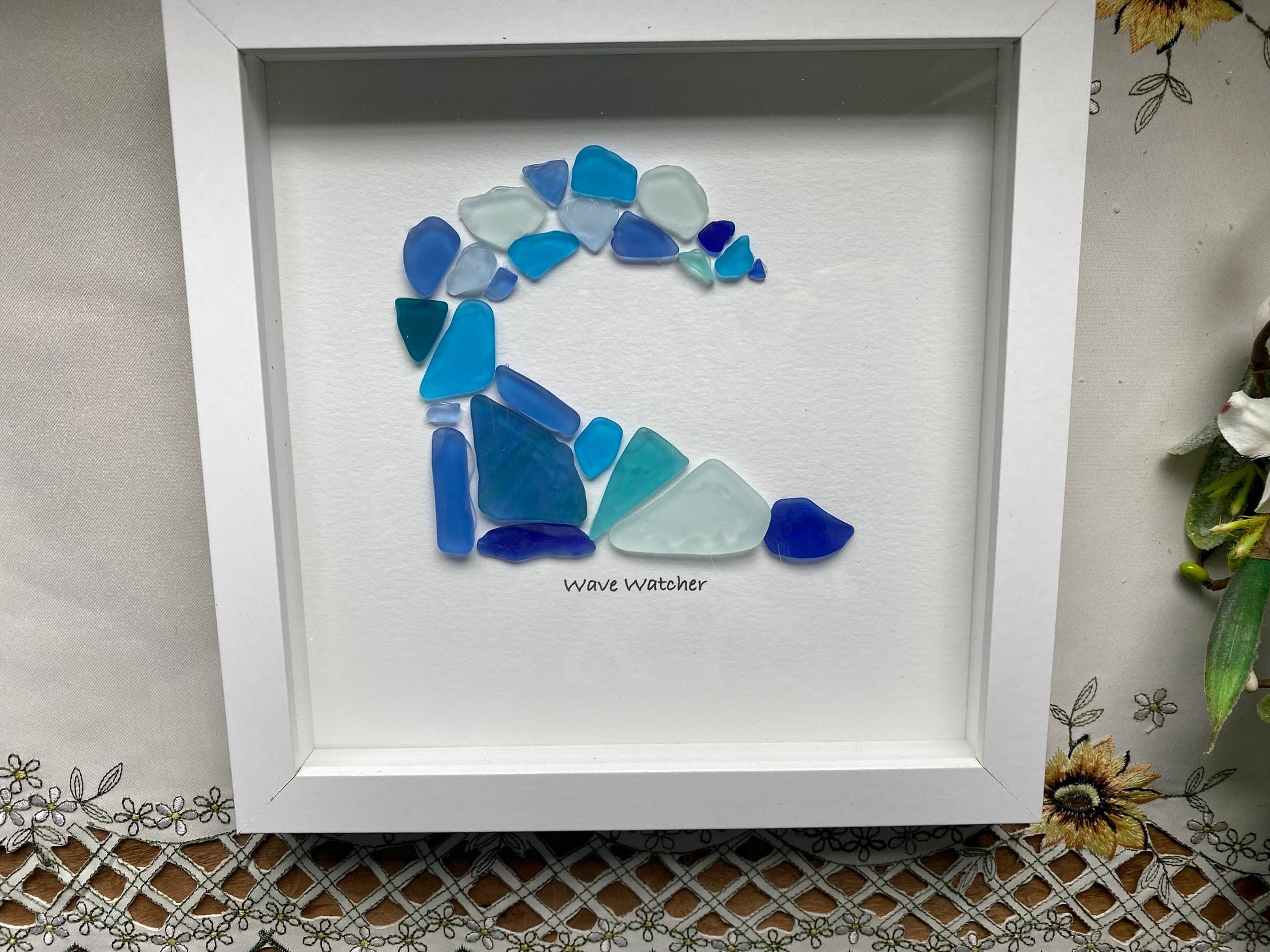 Sea Glass Pebble Art, Pebble Art Wave, Gift for Her, Seaglass Picture, Coastal Artwork