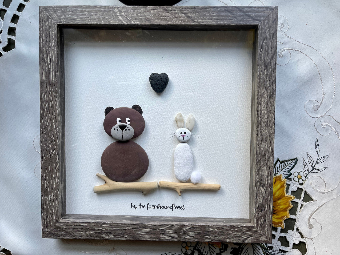 Sea Glass Pebble Art, Pebble Art Love, Gift for Her, Friendship Gift, Seaglass Picture, Bunny and Bear