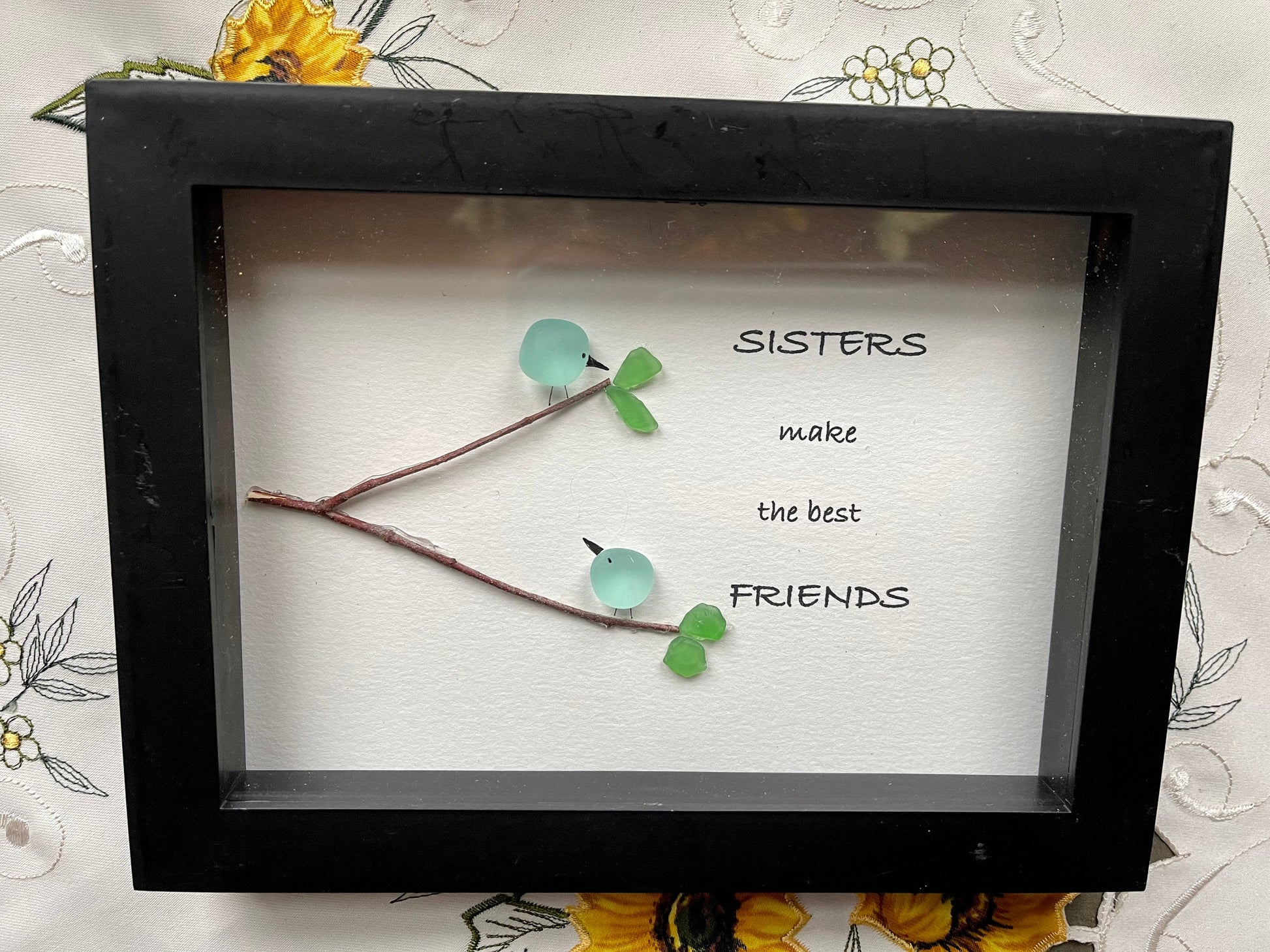 Sea Glass Pebble Art, Pebble Art Flowers, Gift for Her, Sister Gift, Seaglass Picture, Family Is Forever