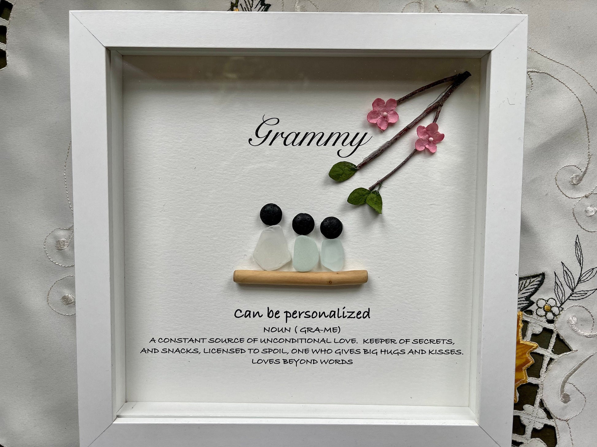 Sea Glass Pebble Art, Pebble Art Flowers, Gift for Her, Grandmother Gift, Seaglass Picture, Family Is Forever