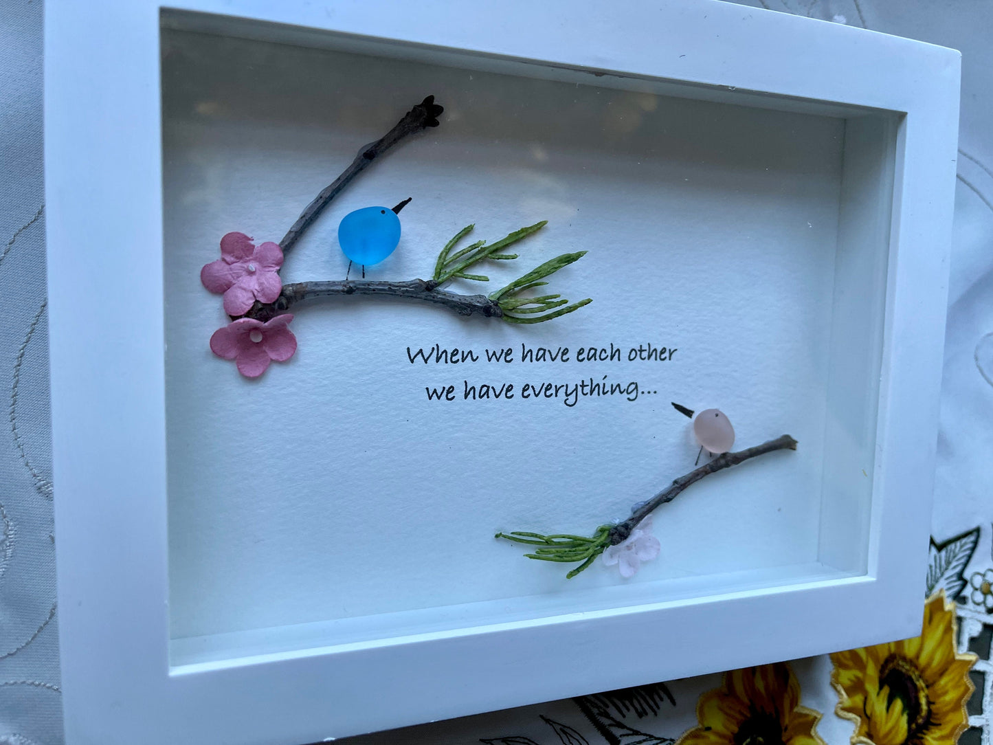 Sea Glass Pebble Art, Pebble Art Love Birds, Gift for Her, Valentines Day Gift, Seaglass Picture, Love