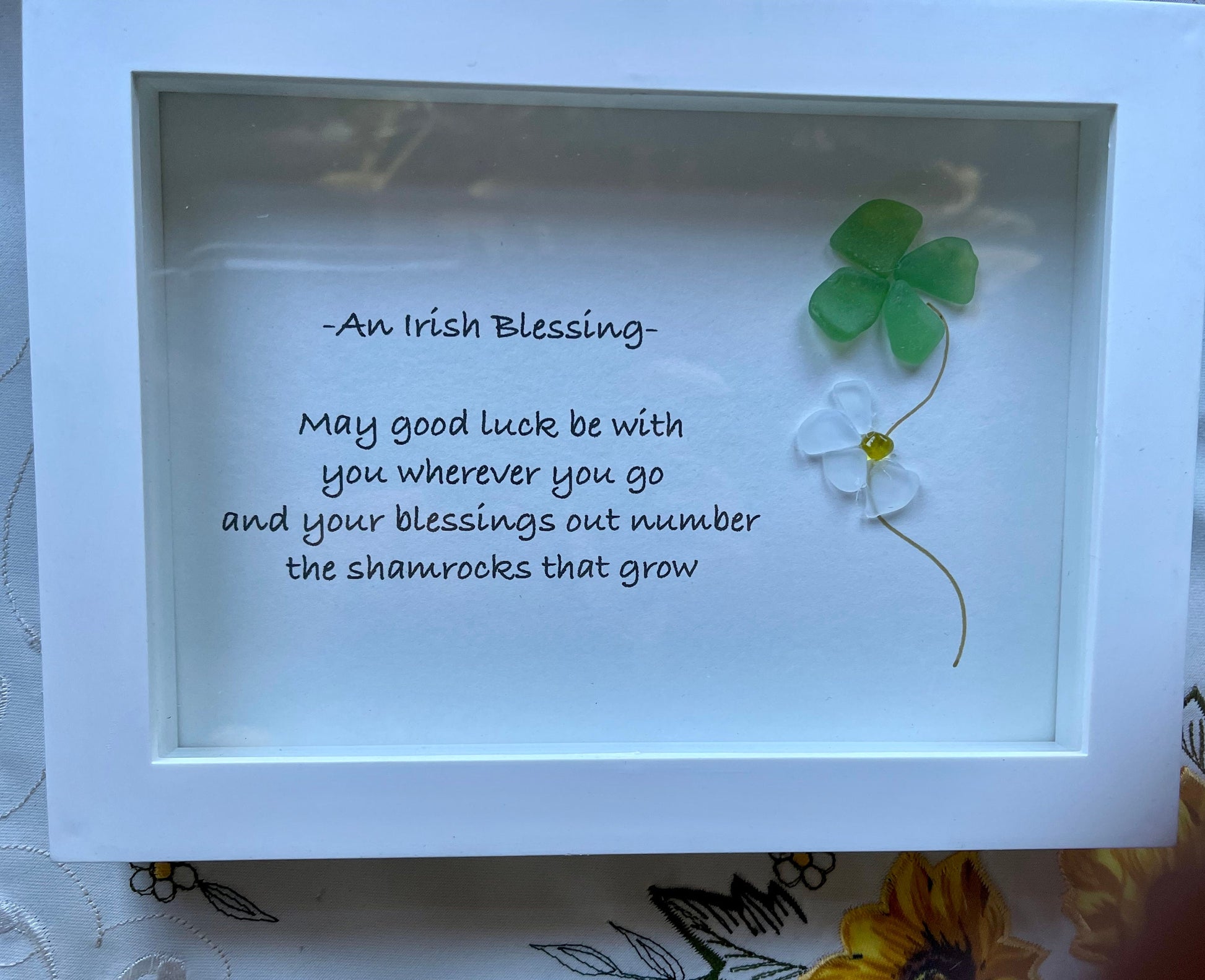 Sea Glass Pebble Art, Pebble Art Four Leaf Clover, Gift for Friend, Friendship Gift, Seaglass Picture, Irish Blessing