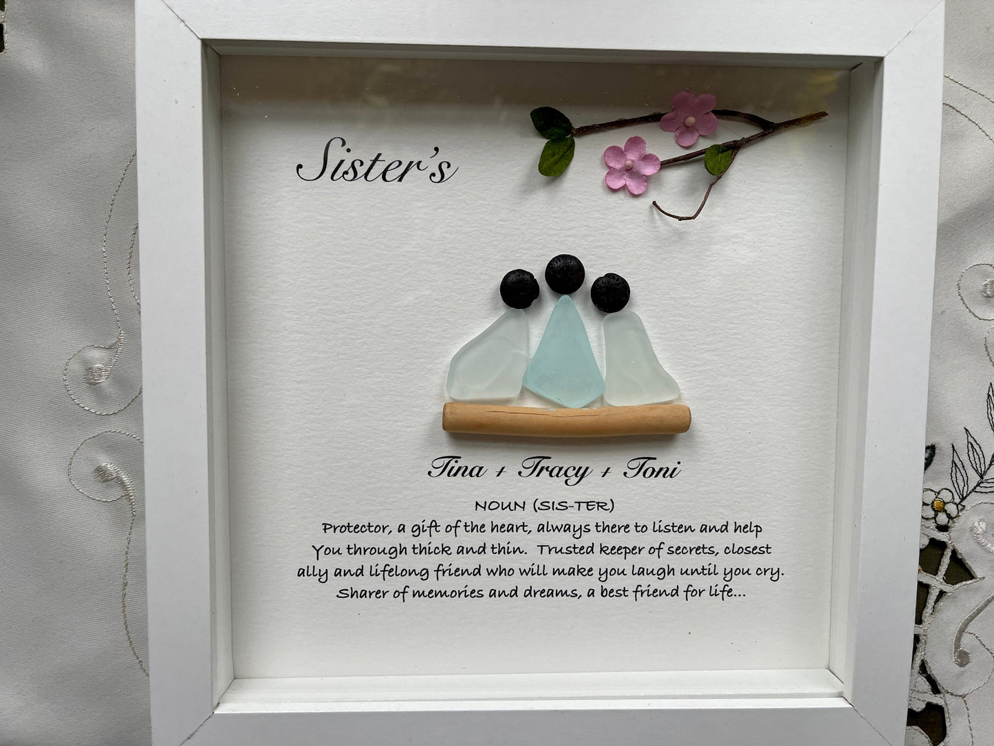 Sea Glass Pebble Art, Pebble Art Flowers, Gift for Her, Sister Gift, Seaglass Picture, Family Is Forever