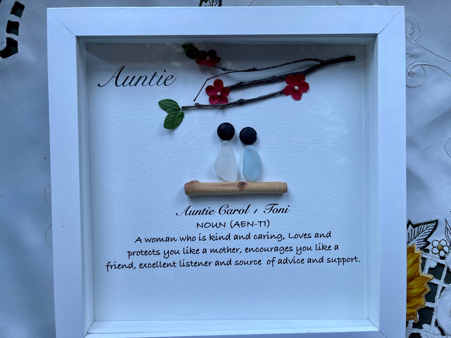 Sea Glass Pebble Art, Pebble Art Flowers, Gift for Her, Auntie Gift, Seaglass Picture, Family Is Forever
