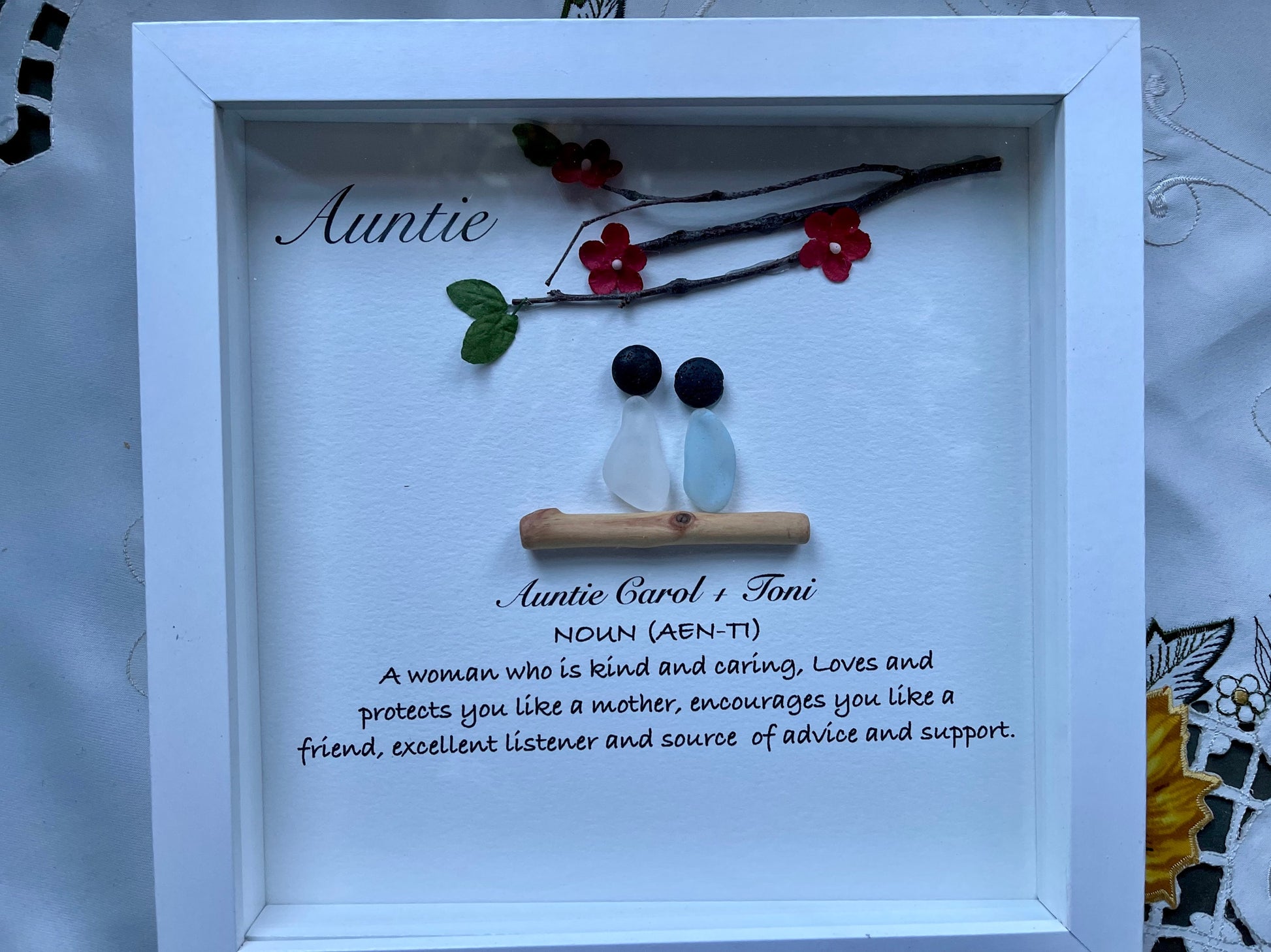 Sea Glass Pebble Art, Pebble Art Flowers, Gift for Her, Auntie Gift, Seaglass Picture, Family Is Forever