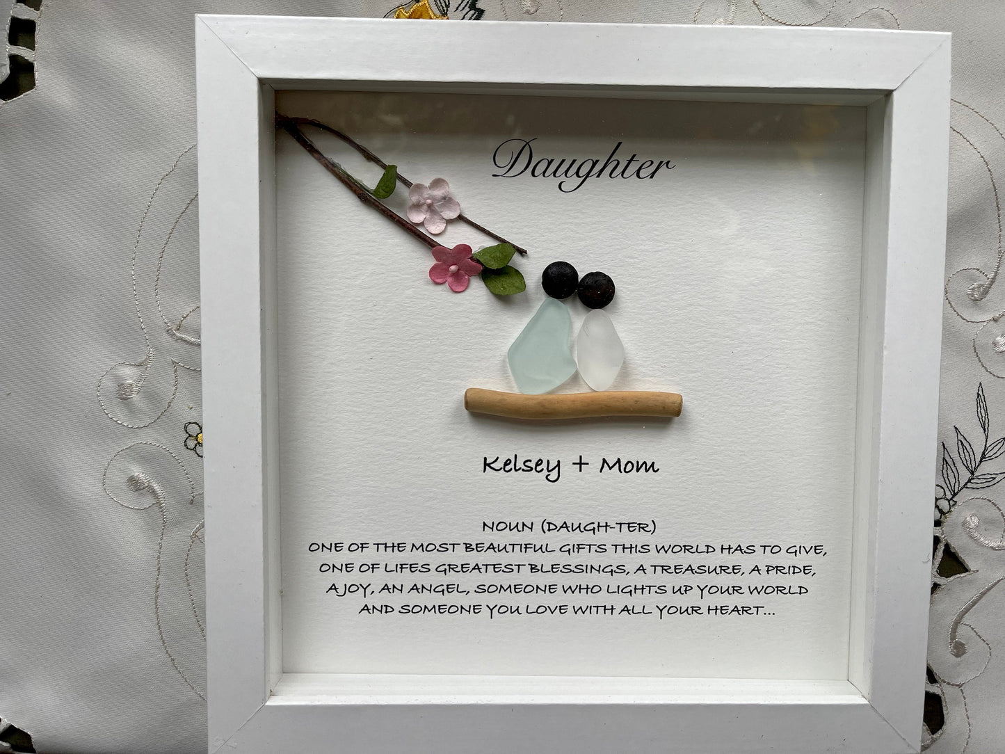 Sea Glass Pebble Art, Pebble Art Flowers, Gift for Her, Daughter Gift, Seaglass Picture, Family Is Forever