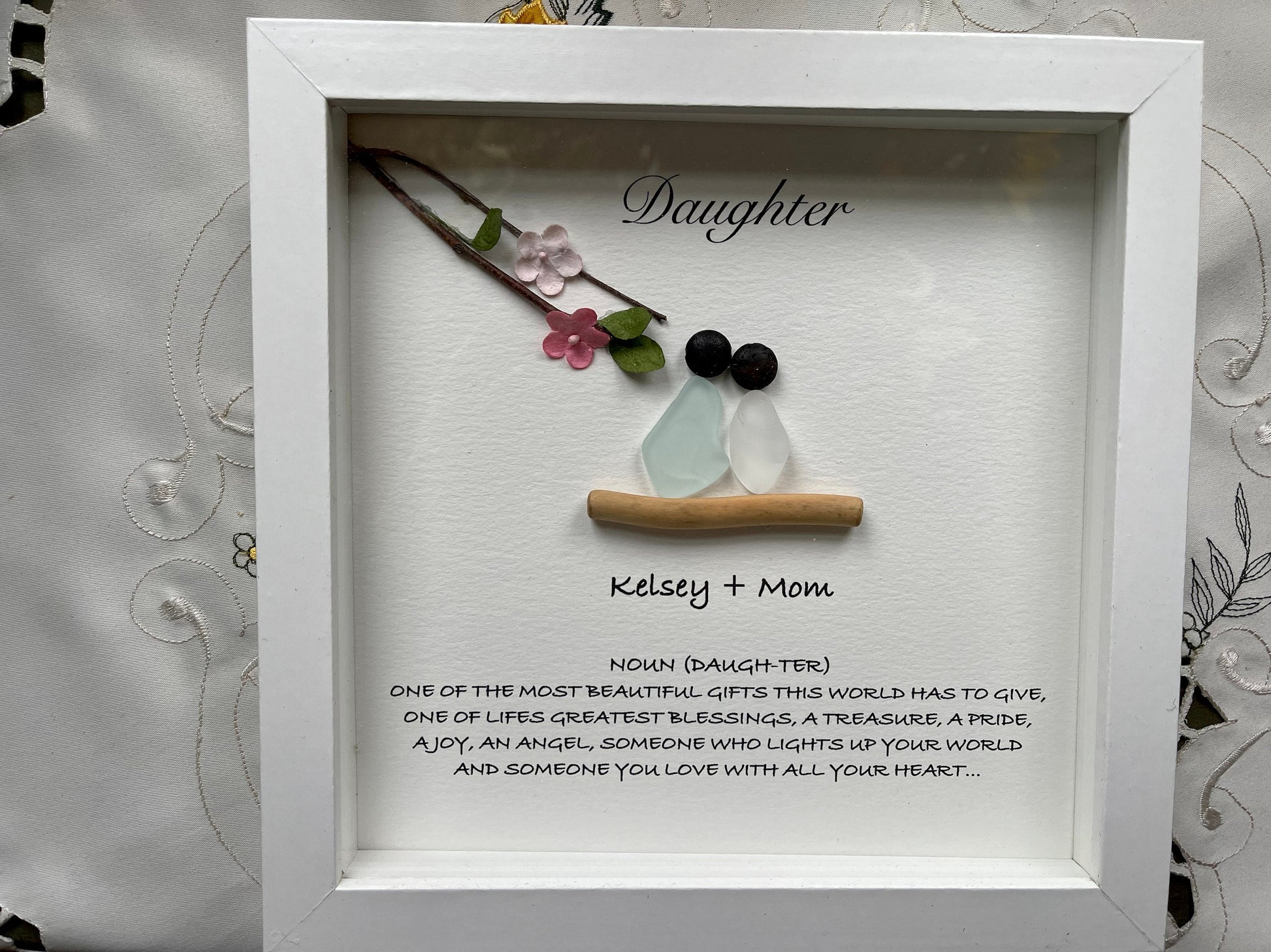 Sea Glass Pebble Art, Pebble Art Flowers, Gift for Her, Daughter Gift, Seaglass Picture, Family Is Forever
