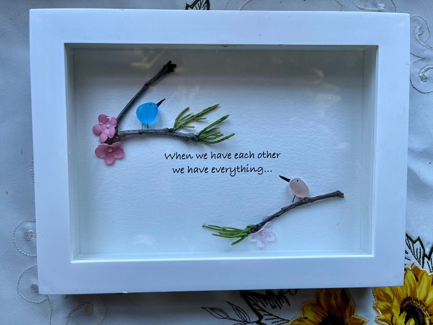 Sea Glass Pebble Art, Pebble Art Love Birds, Gift for Her, Valentines Day Gift, Seaglass Picture, Love