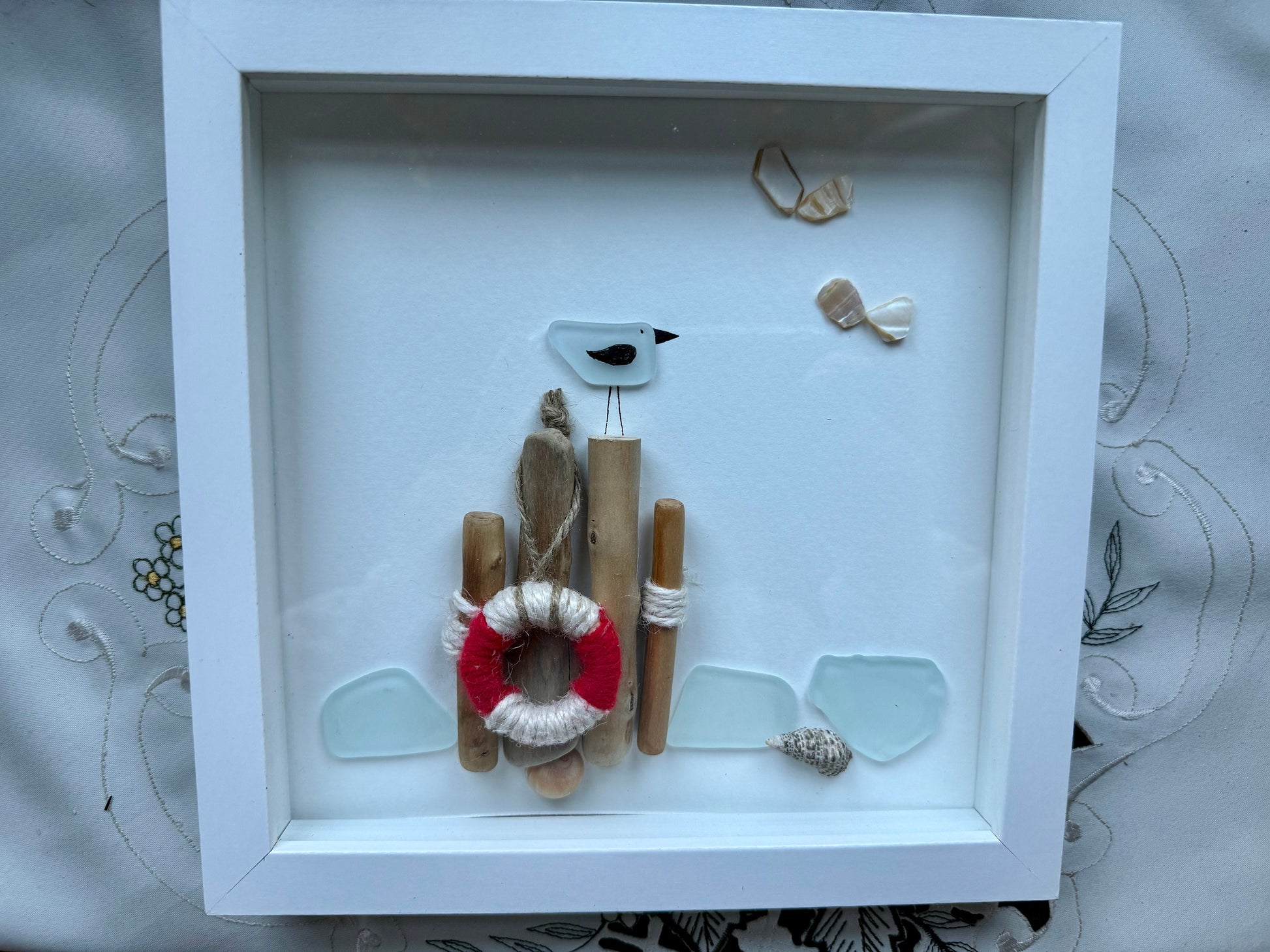 Sea Glass Pebble Art, Pebble Art Seagull, Gift for Her, Seaglass Picture, Coastal Artwork