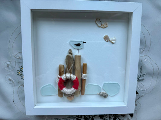 Sea Glass Pebble Art, Pebble Art Seagull, Gift for Her, Seaglass Picture, Coastal Artwork