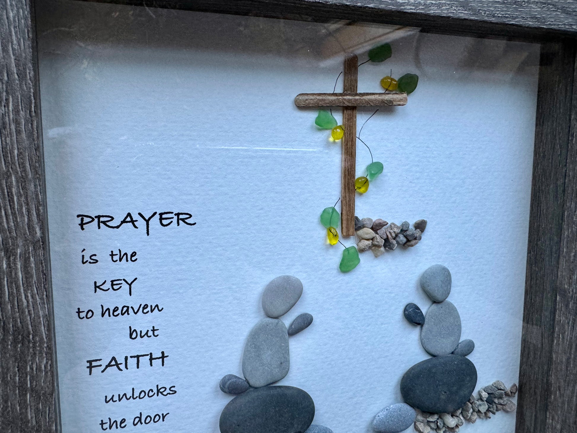 Sea Glass Pebble Art, Pebble Art Cross, Gift for Her, Religious Gift, Seaglass Picture, Prayers