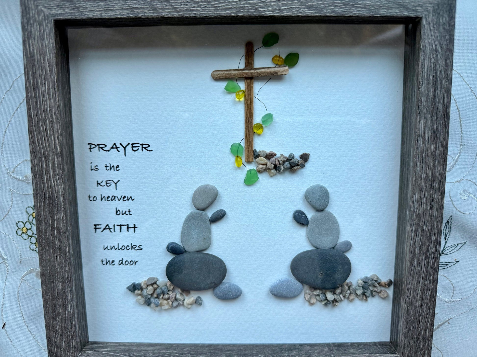 Sea Glass Pebble Art, Pebble Art Cross, Gift for Her, Religious Gift, Seaglass Picture, Prayers