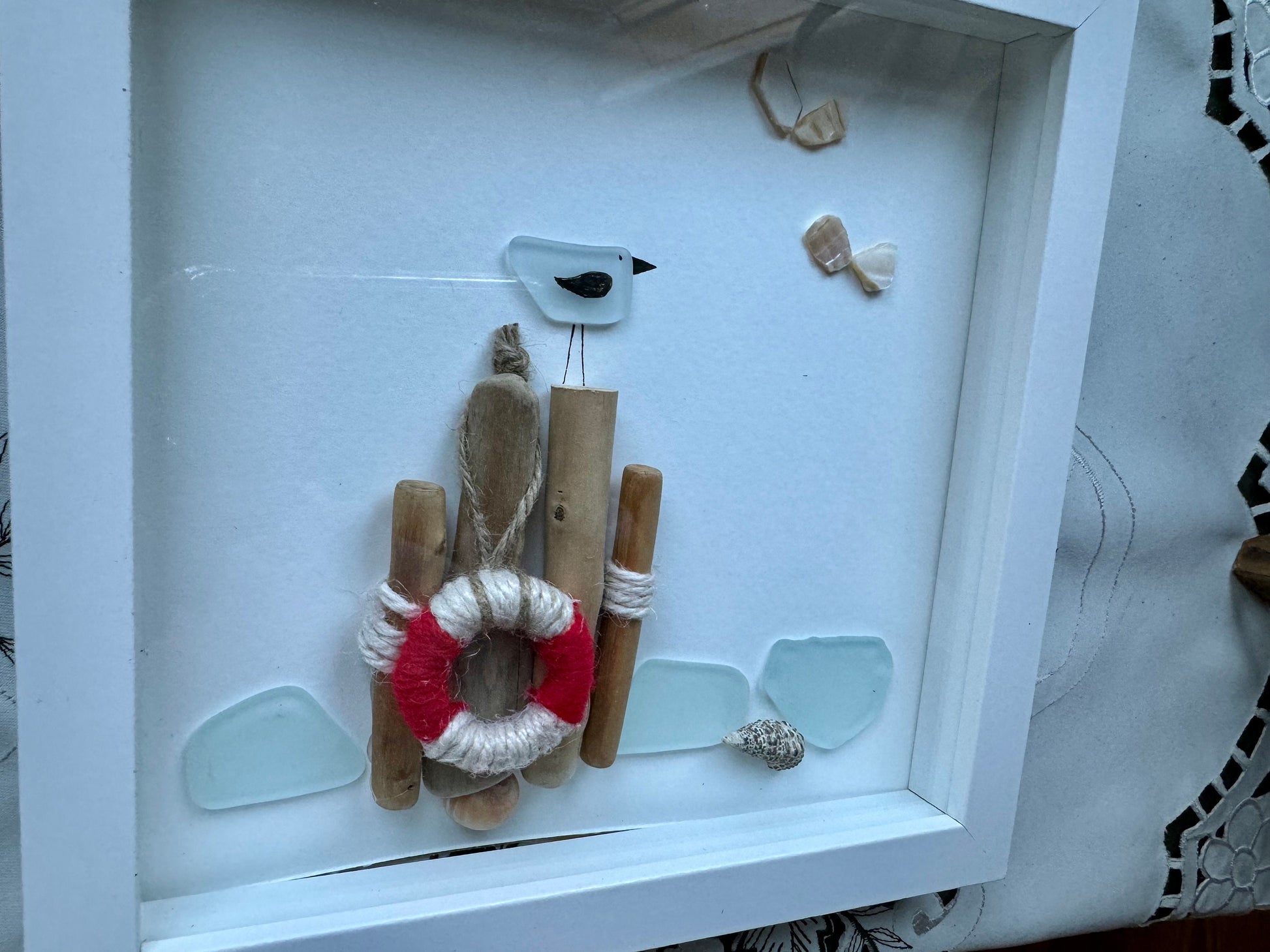 Sea Glass Pebble Art, Pebble Art Seagull, Gift for Her, Seaglass Picture, Coastal Artwork