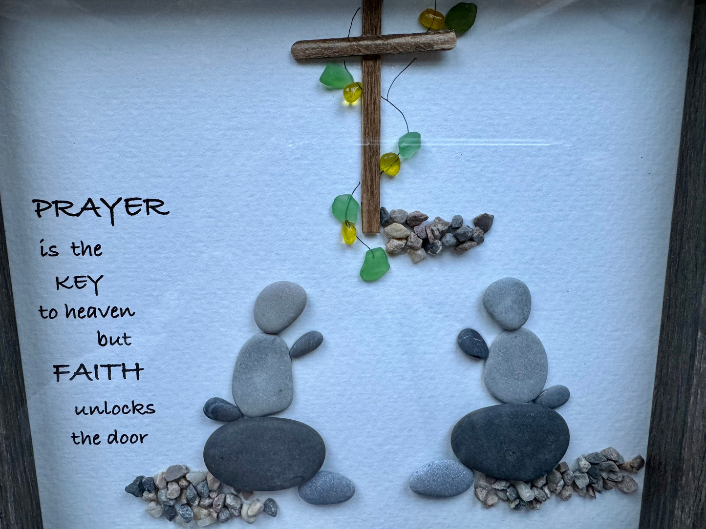 Sea Glass Pebble Art, Pebble Art Cross, Gift for Her, Religious Gift, Seaglass Picture, Prayers