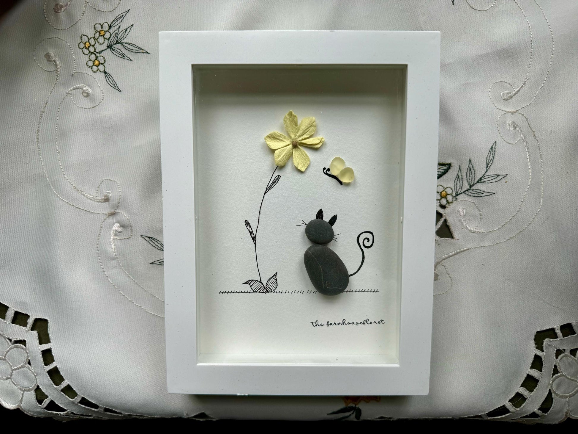 Sea Glass Pebble Art, Pebble Art Cat, Gift for Cat Lover, Friendship Gift, Seaglass Picture
