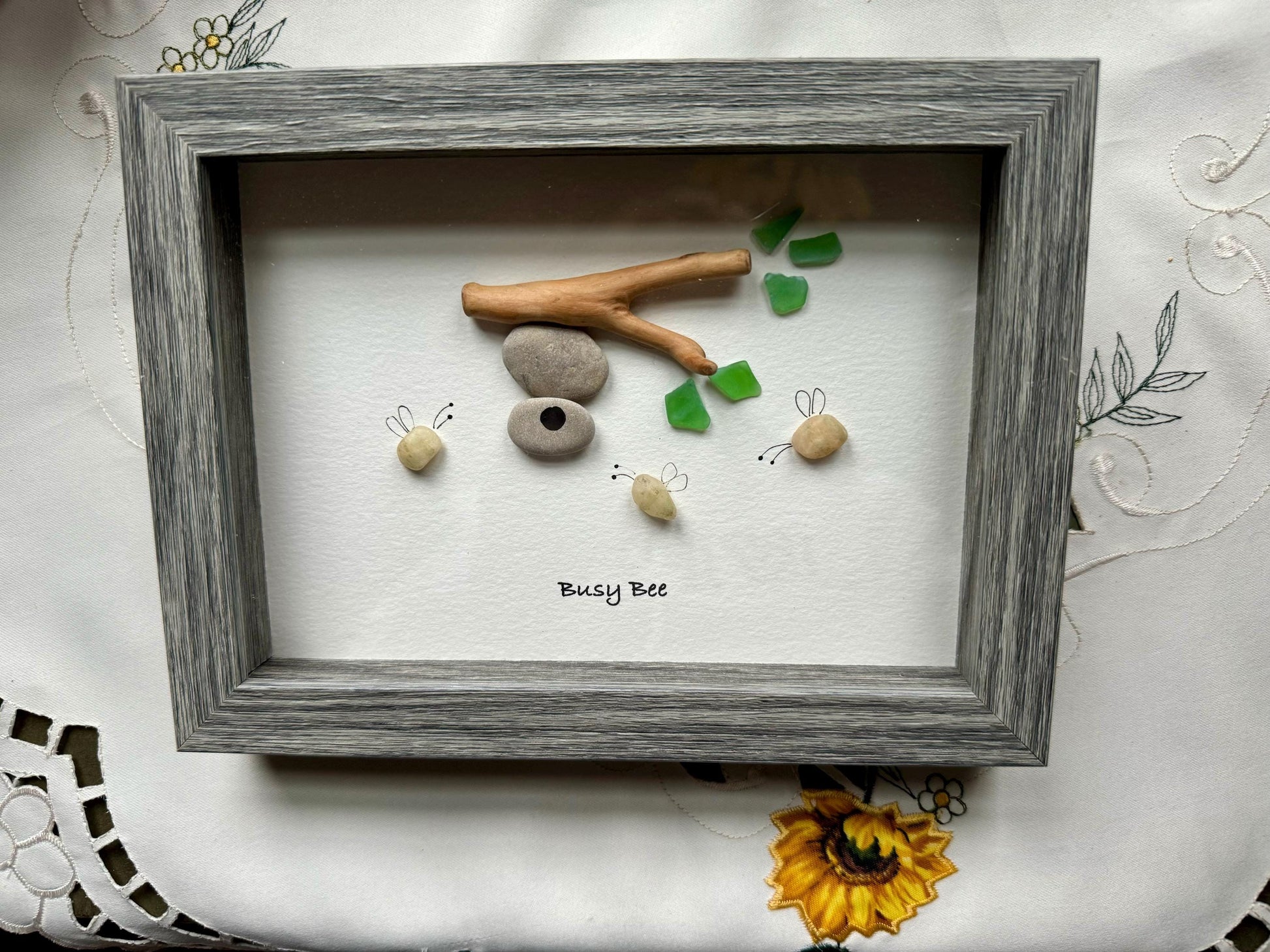 Sea Glass Pebble Art, Pebble Art Bee Hive, Gift for Her, Friendship Gift, Seaglass Picture, Bee Happy