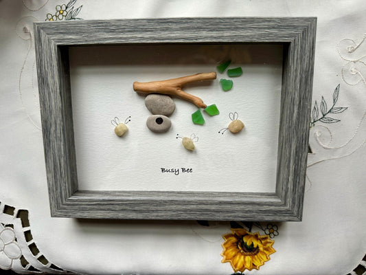 Sea Glass Pebble Art, Pebble Art Bee Hive, Gift for Her, Friendship Gift, Seaglass Picture, Bee Happy