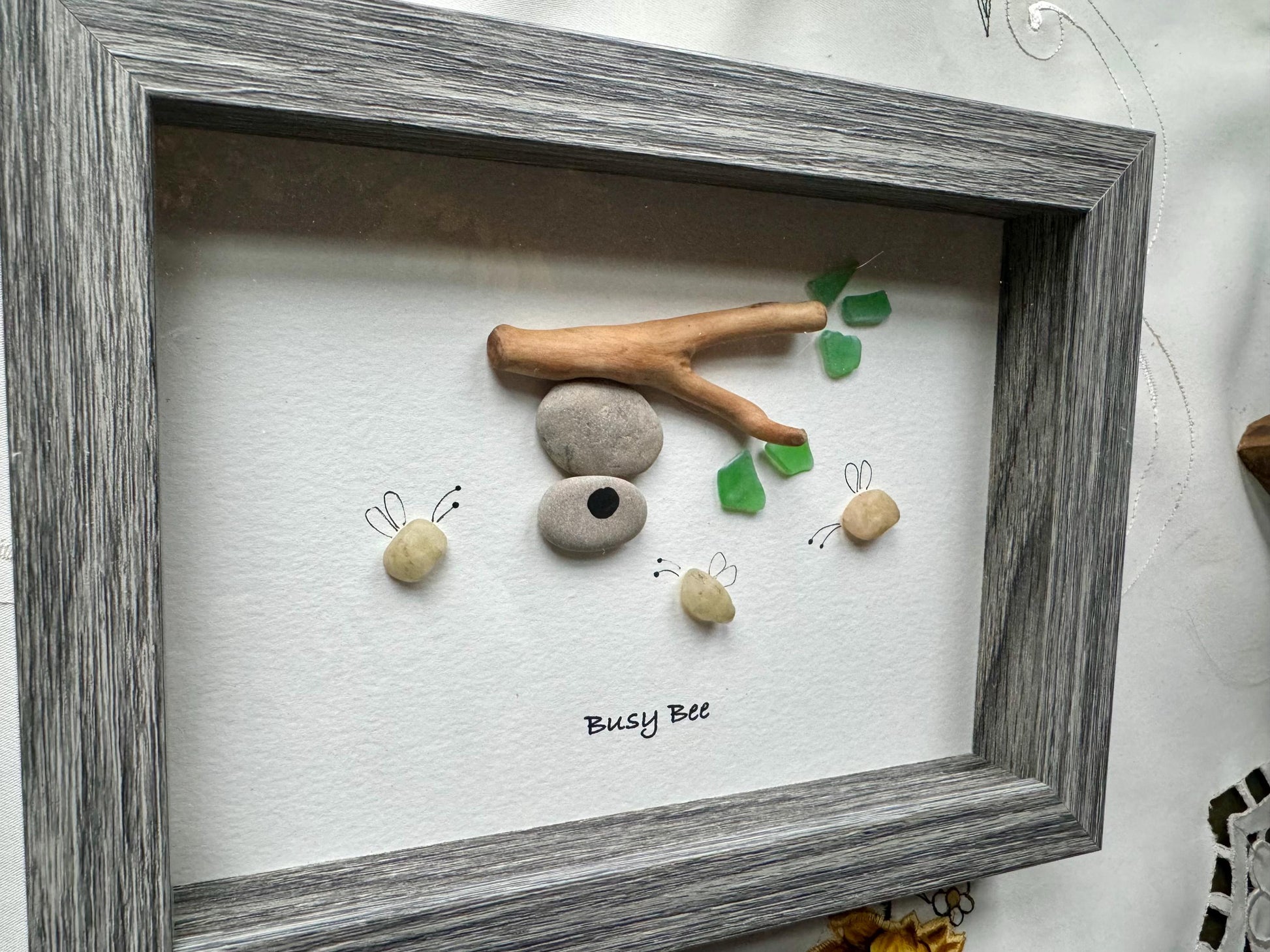 Sea Glass Pebble Art, Pebble Art Bee Hive, Gift for Her, Friendship Gift, Seaglass Picture, Bee Happy