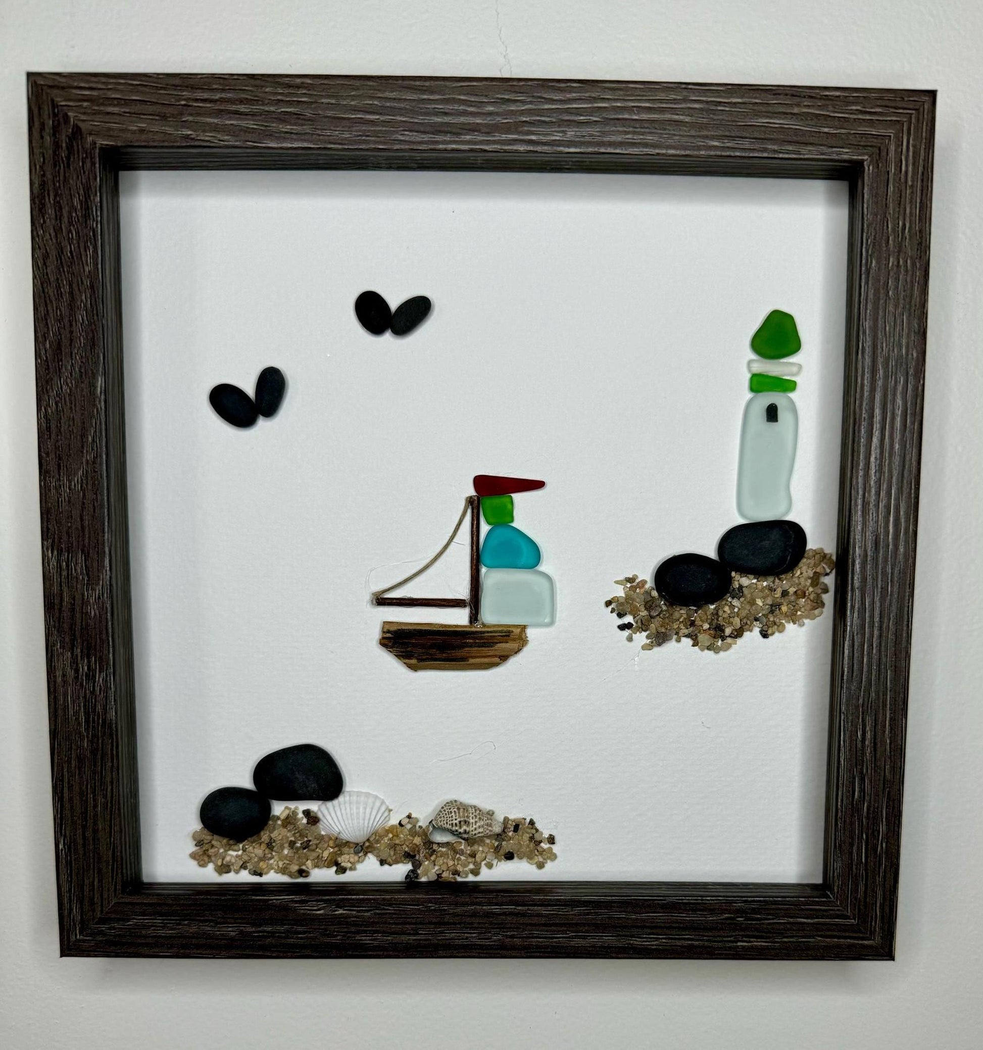 Sea Glass Pebble Art: Coastal Lighthouse & Sailboat Artwork