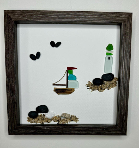 Sea Glass Pebble Art: Coastal Lighthouse & Sailboat Artwork