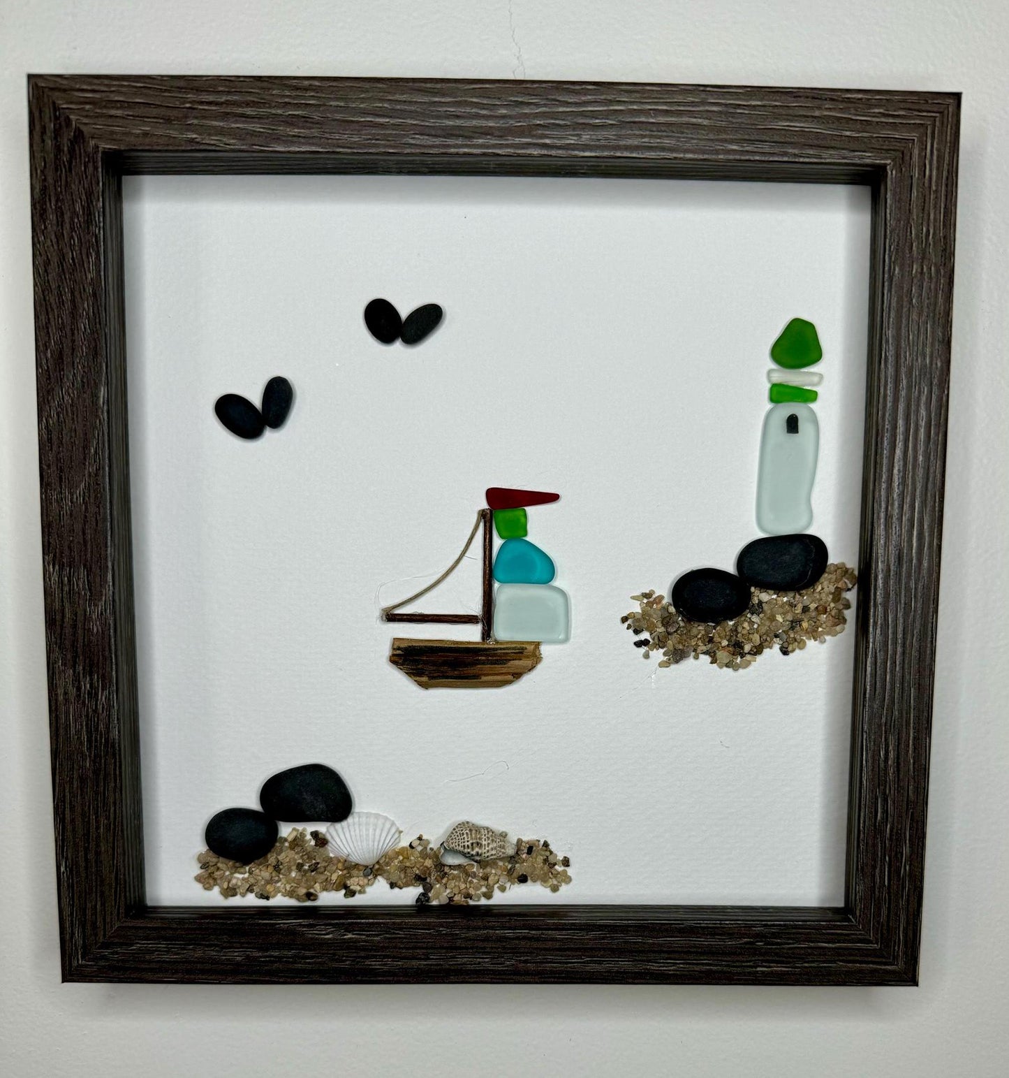 Sea Glass Pebble Art, Pebble Art Lighthouse, Gift for Her, Seaglass Picture, Coastal Artwork, Sailboat