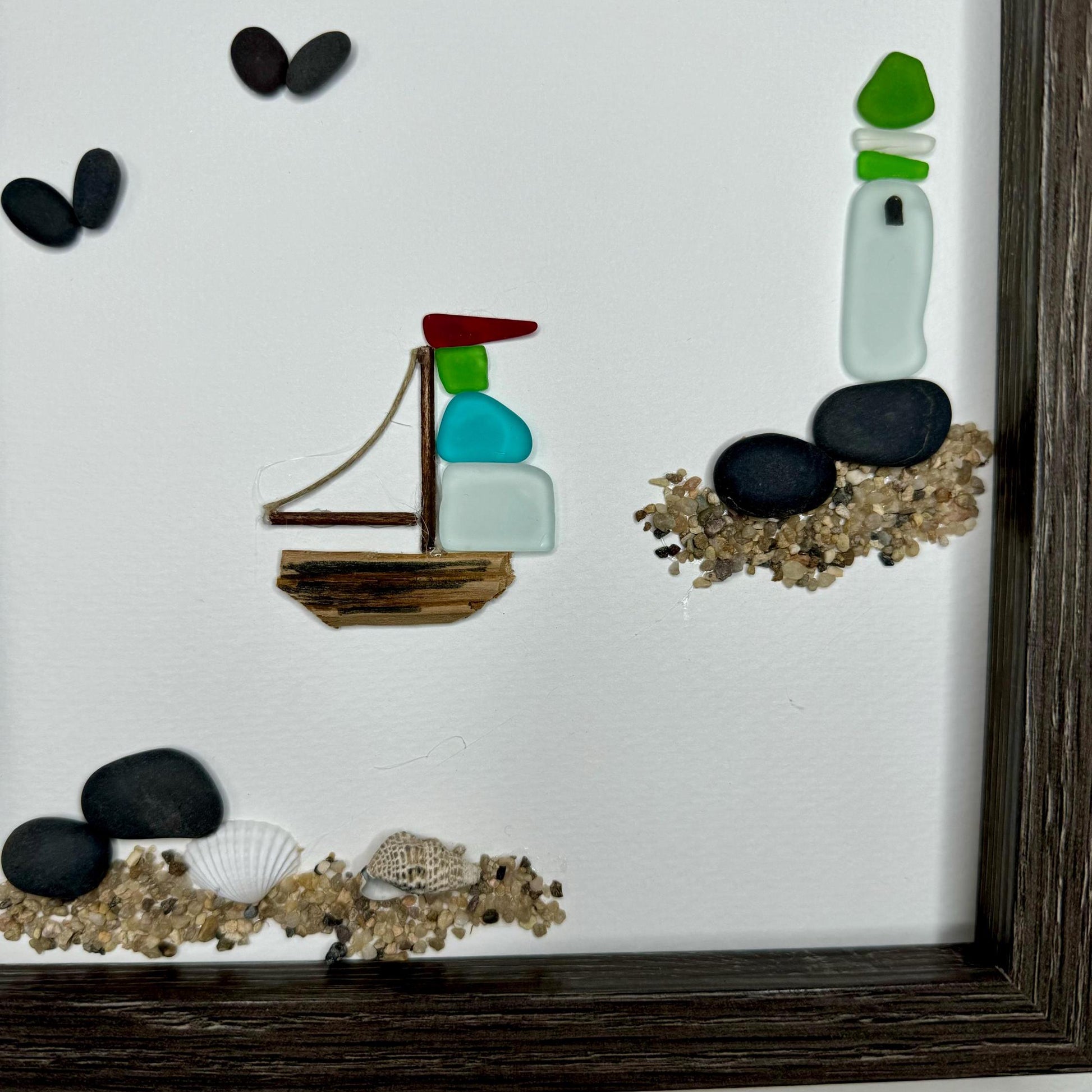 Sea Glass Pebble Art: Coastal Lighthouse & Sailboat Artwork