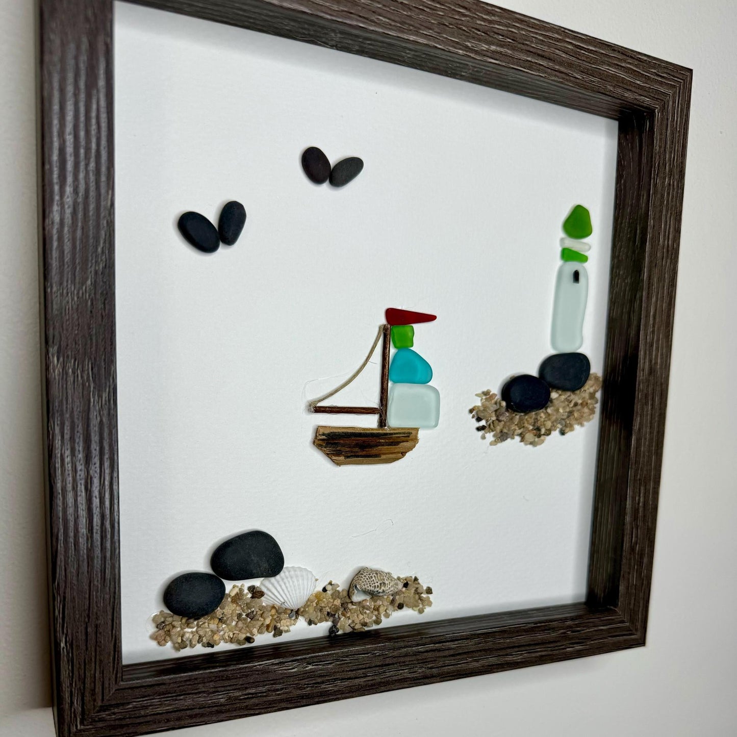 Sea Glass Pebble Art, Pebble Art Lighthouse, Gift for Her, Seaglass Picture, Coastal Artwork, Sailboat