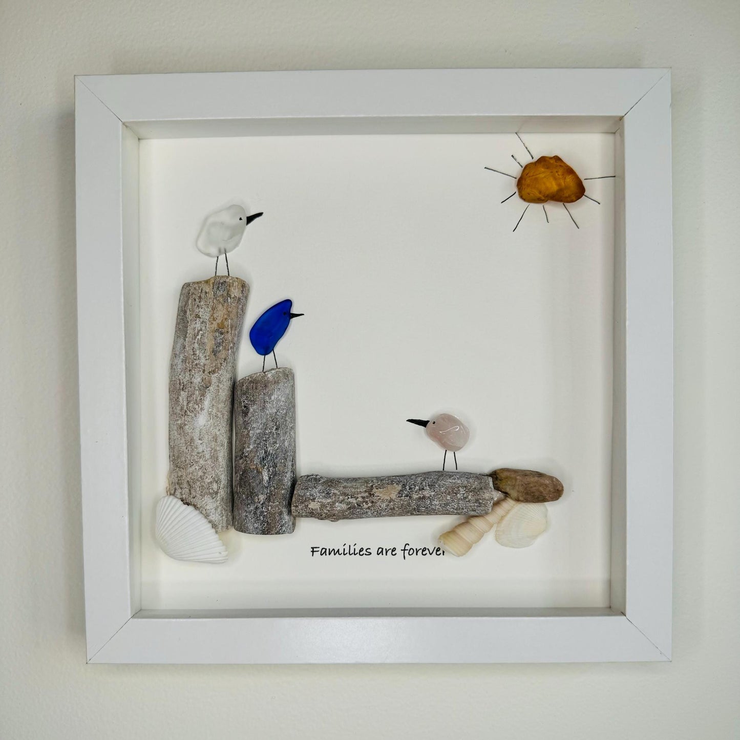 Sea Glass Pebble Art, Pebble Art Flowers, Gift for Her, Mother Sister Gift, Seaglass Picture, Family Is Forever