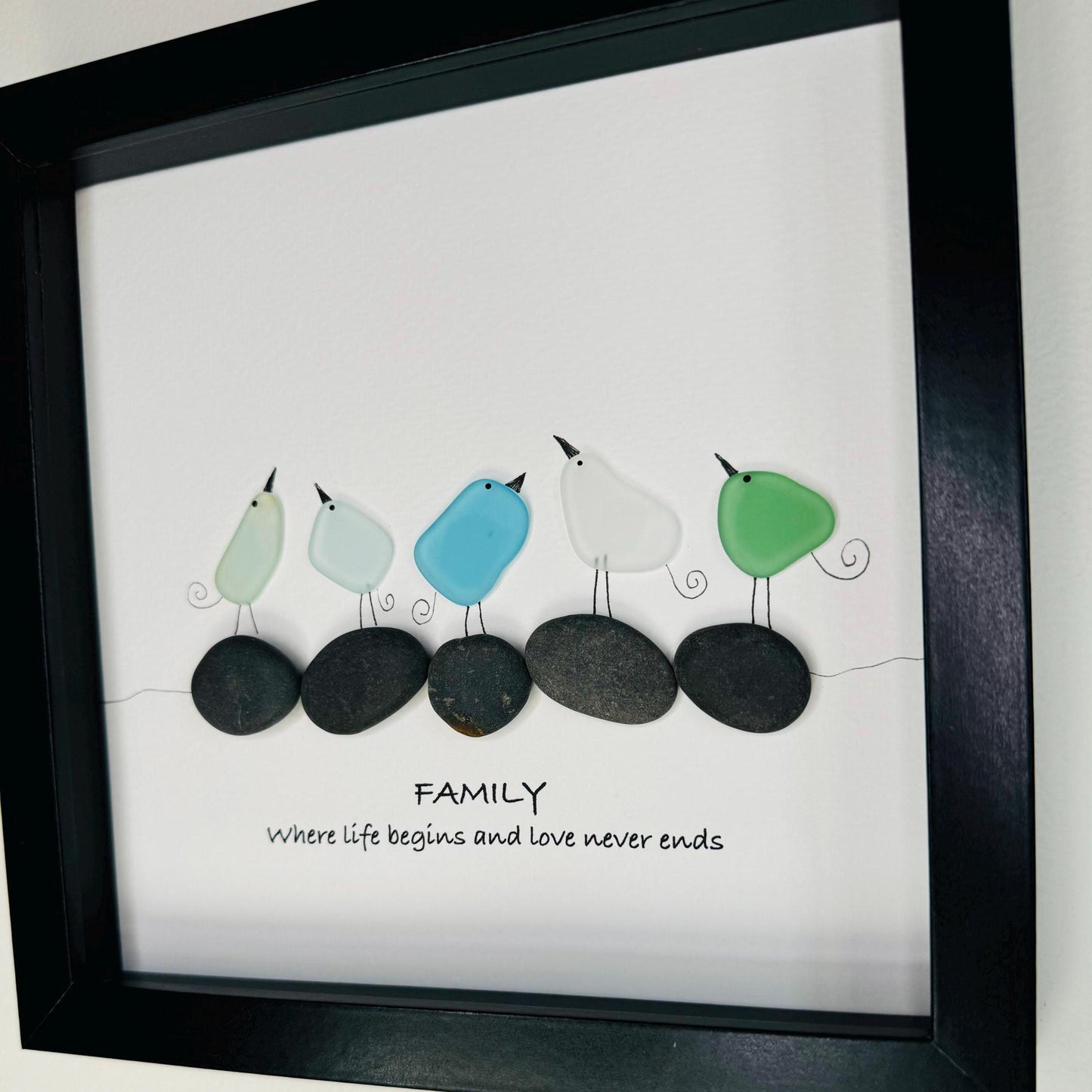 Sea Glass Pebble Art: Family Bird Scene, Framed Coastal Decor