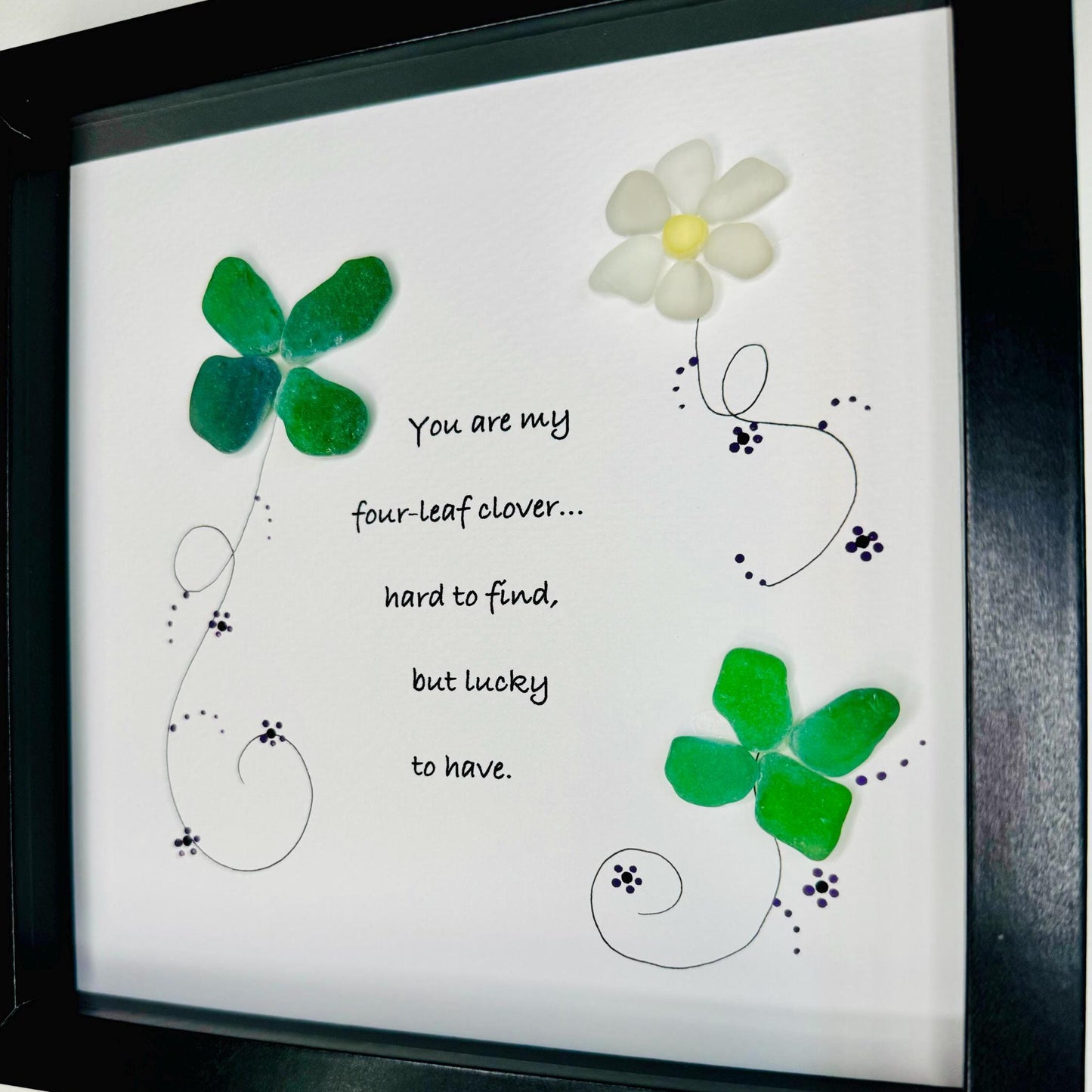 Sea Glass Pebble Art, Pebble Art Four Leaf Clover, Gift for Friend, Friendship Gift, Seaglass Picture, Irish Clover Gift