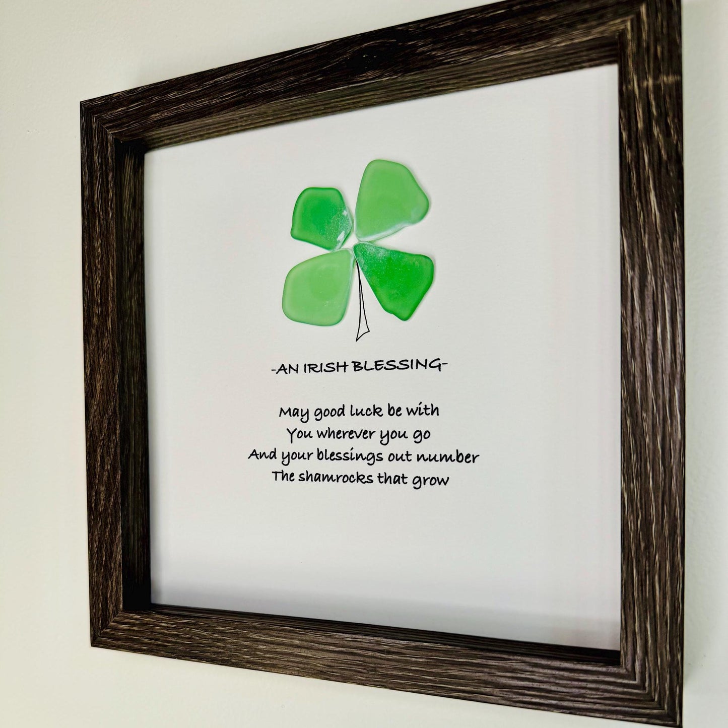 Sea Glass Pebble Art, Pebble Art Four Leaf Clover, Gift for Friend, Friendship Gift, Seaglass Picture, Irish Blessing
