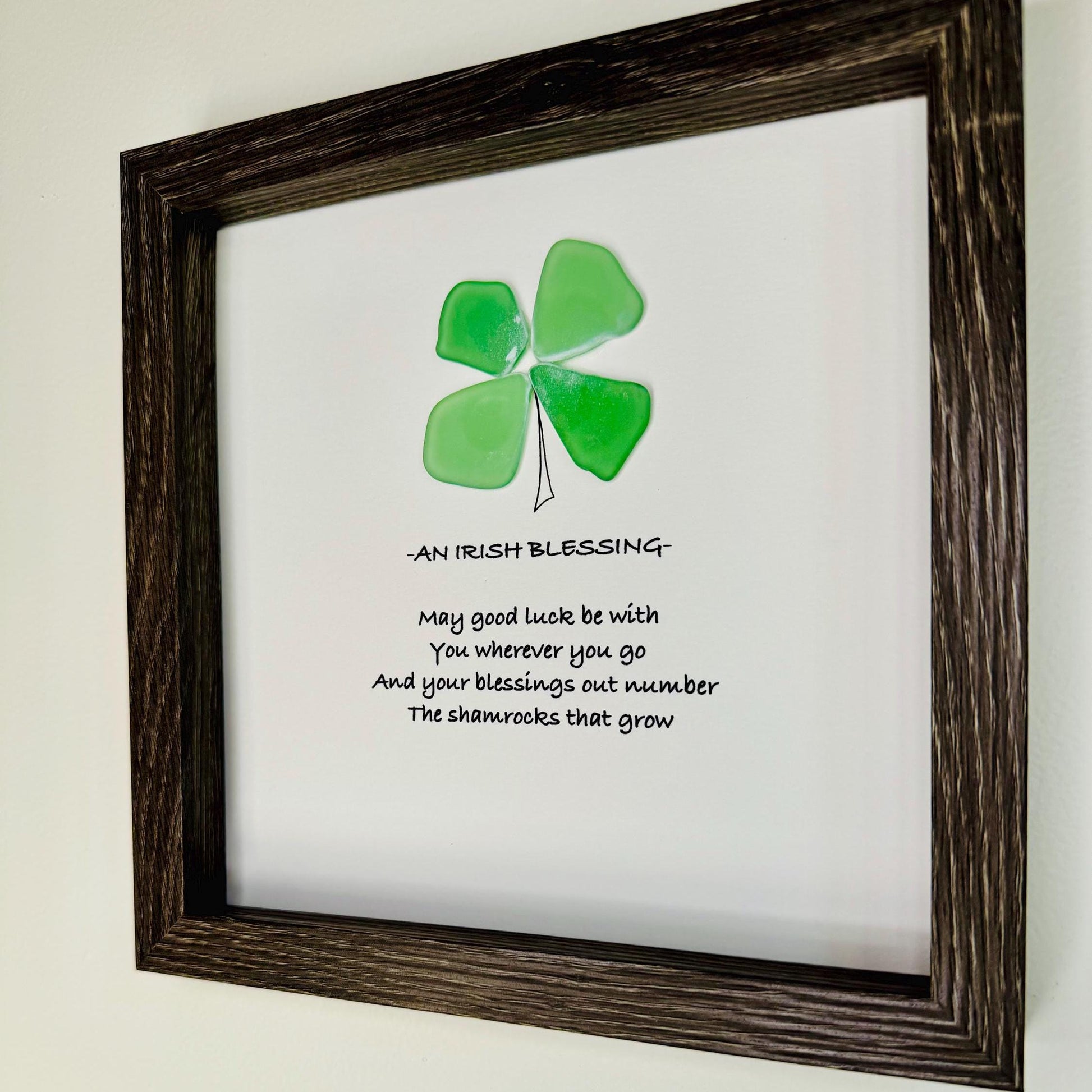 Sea Glass Pebble Art, Pebble Art Four Leaf Clover, Gift for Friend, Friendship Gift, Seaglass Picture, Irish Blessing