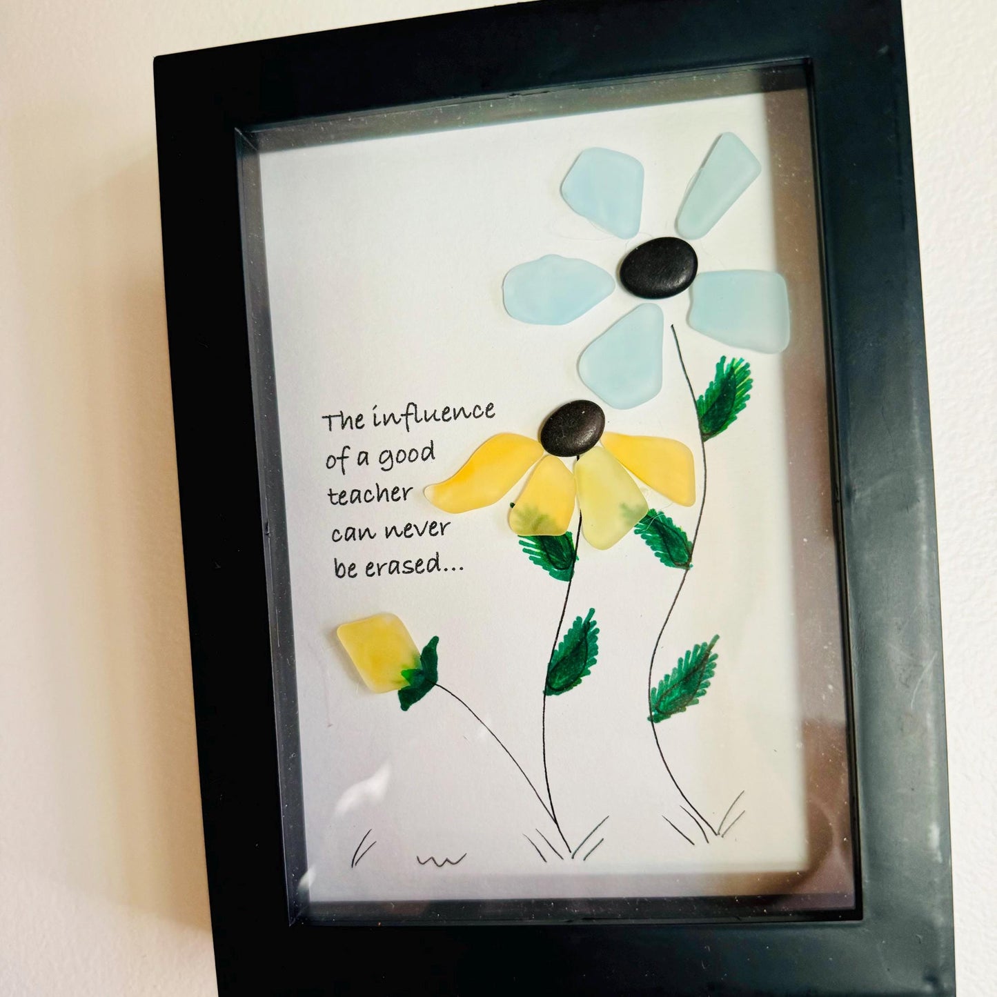 Sea Glass Pebble Art, Pebble Art Flower, Gift for Teacher, Friendship Gift, Seaglass Picture, Teacher Gift