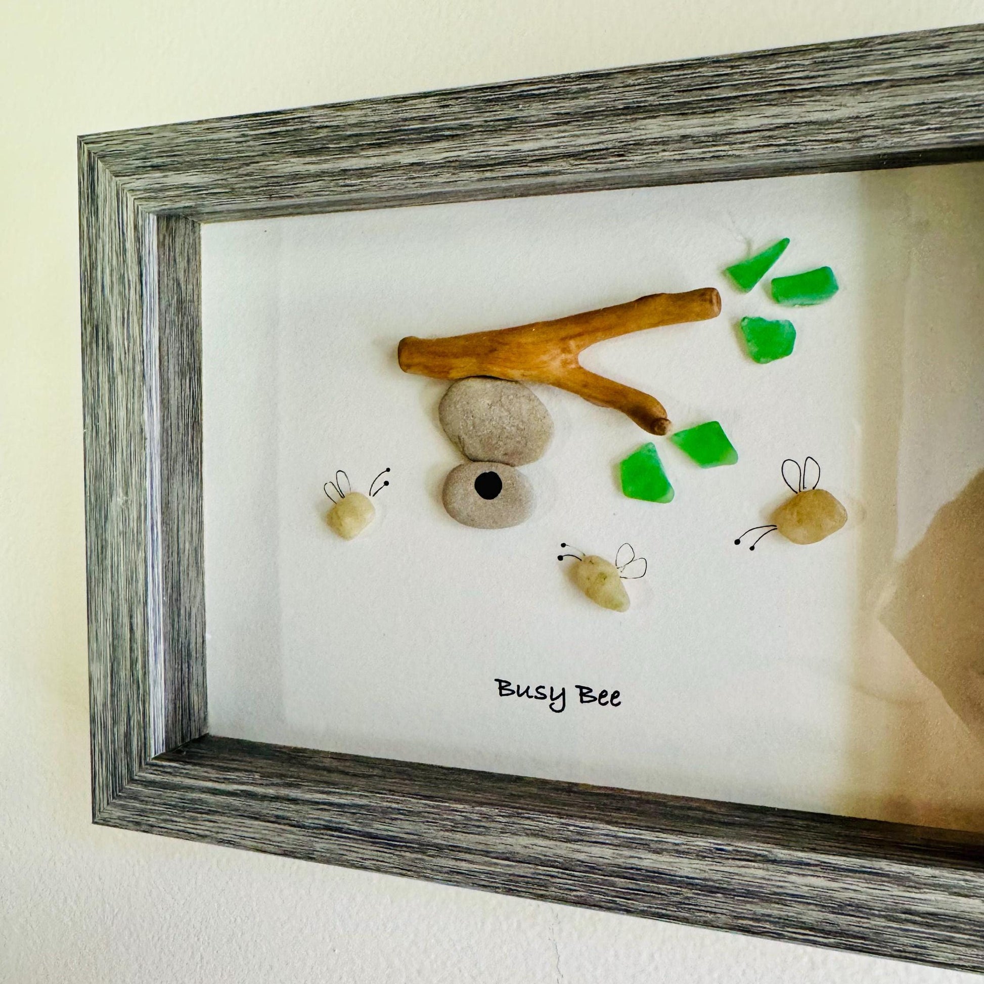 Sea Glass Pebble Art, Pebble Art Bee Hive, Gift for Her, Friendship Gift, Seaglass Picture, Busy Bee