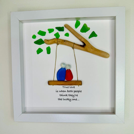 Sea Glass Pebble Art, Pebble Art Love, Gift for Her, Valentines Day Gift, Seaglass Picture, Couple on Swing