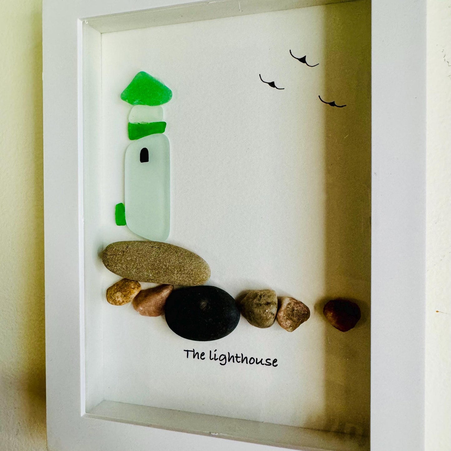 Sea Glass Pebble Art, Pebble Art Lighthouse, Gift for Her, Friendship Gift, Seaglass Picture, Coastal Decor