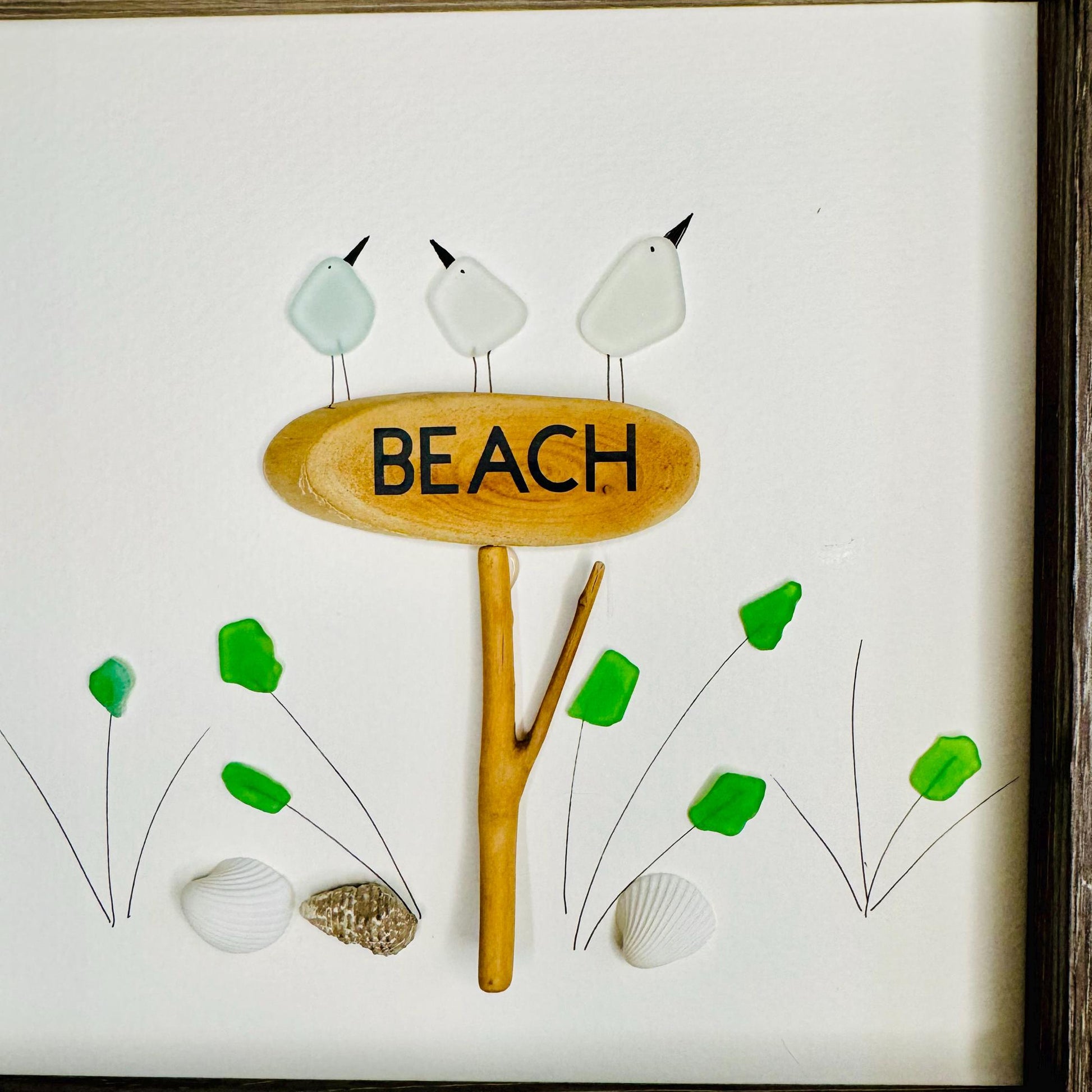 Sea Glass Pebble Art: Framed Beach Scene with Birds