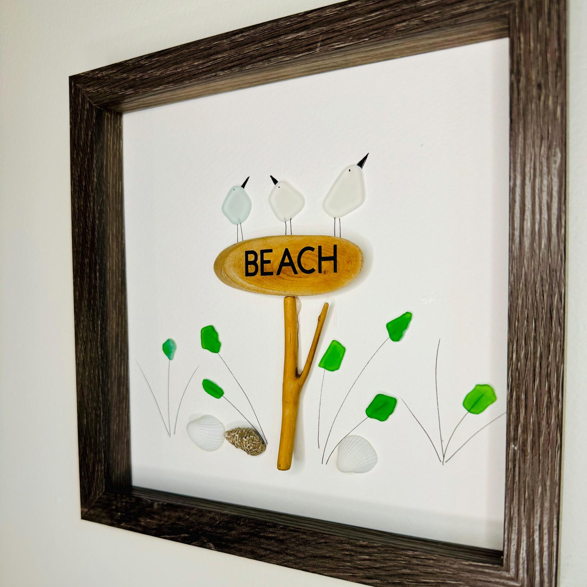 Sea Glass Pebble Art: Framed Beach Scene with Birds