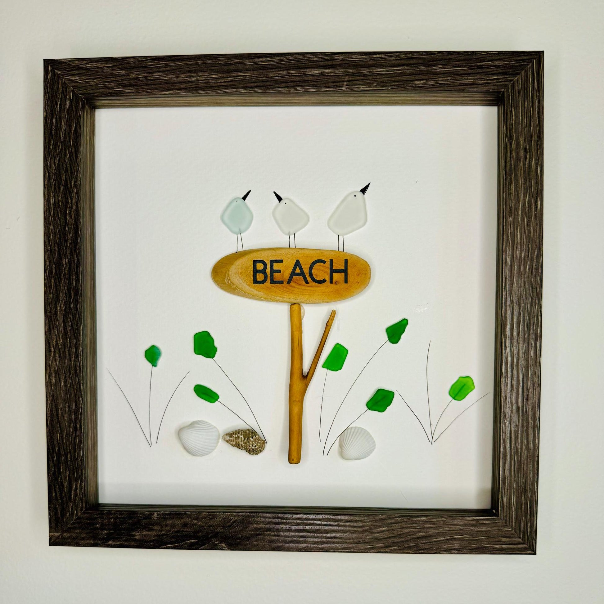 Sea Glass Pebble Art: Framed Beach Scene with Birds