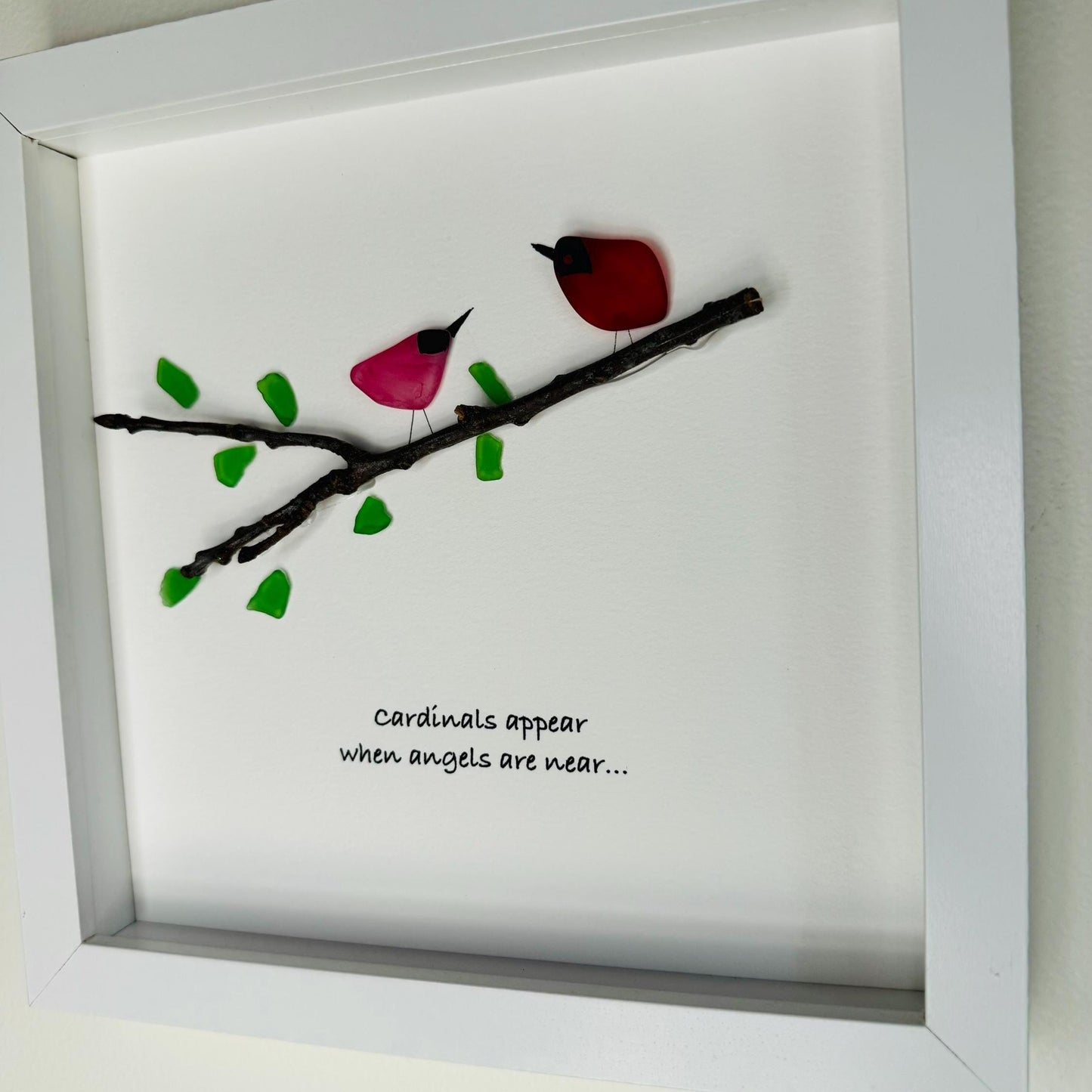 Sea Glass Pebble Art, Pebble Art Nature, Sympathy Gift , Seaglass Picture, Cardinals, Bereavement, Angels Are Near